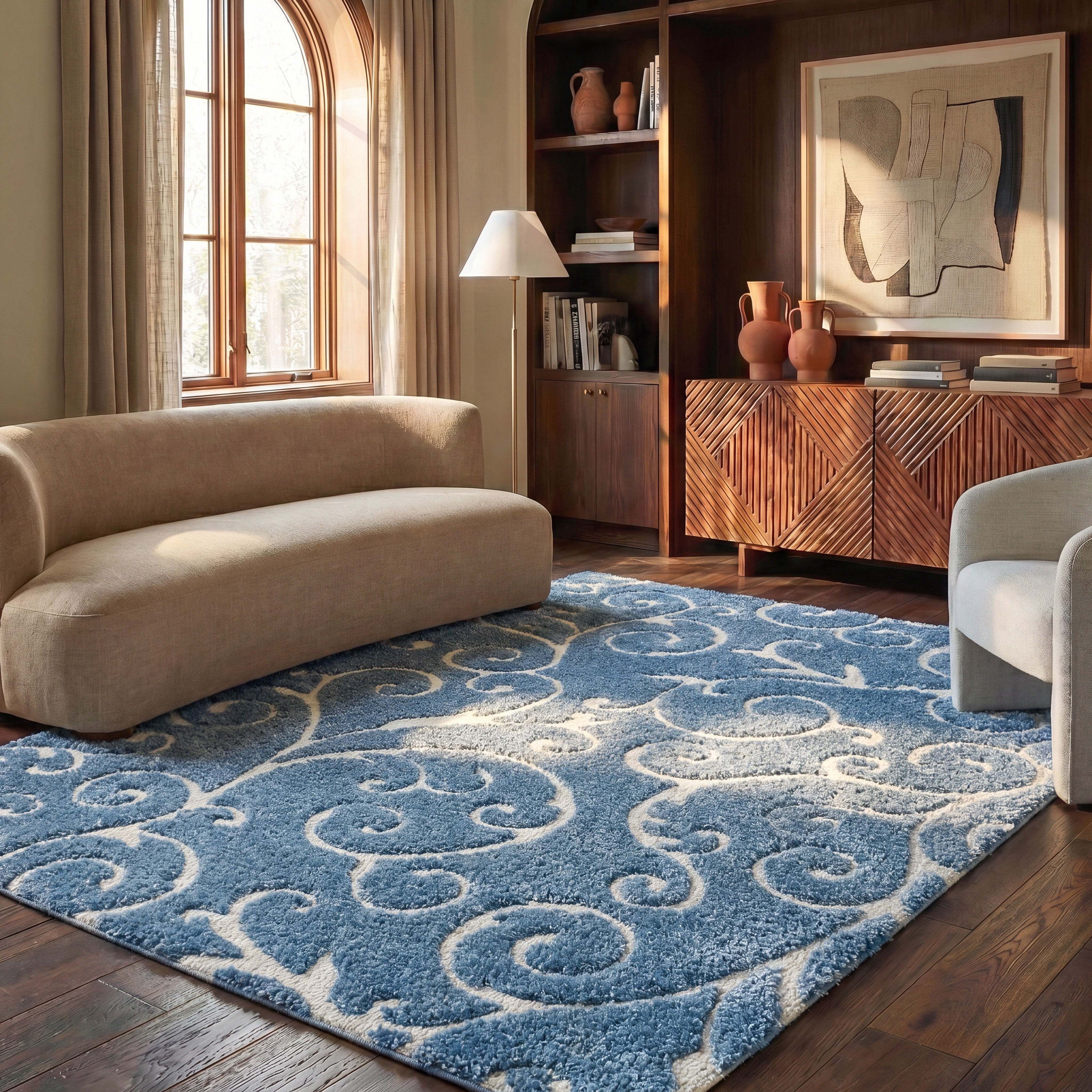 Safavieh Florida Doug Floral Vines Geometric Shag Area Rug, Light Blue/Cream, 6' x 8'