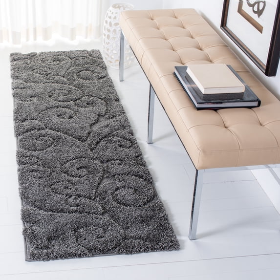 SAFAVIEH Florida Doug Floral Vines Geometric Shag Runner Rug, Grey, 2'3" x 7' - Transitional Modern Design, Grey, Non-Shedding & Easy Cleaning, Ultra Plush Thick Pile, Ideal for Living Room, Bedroom