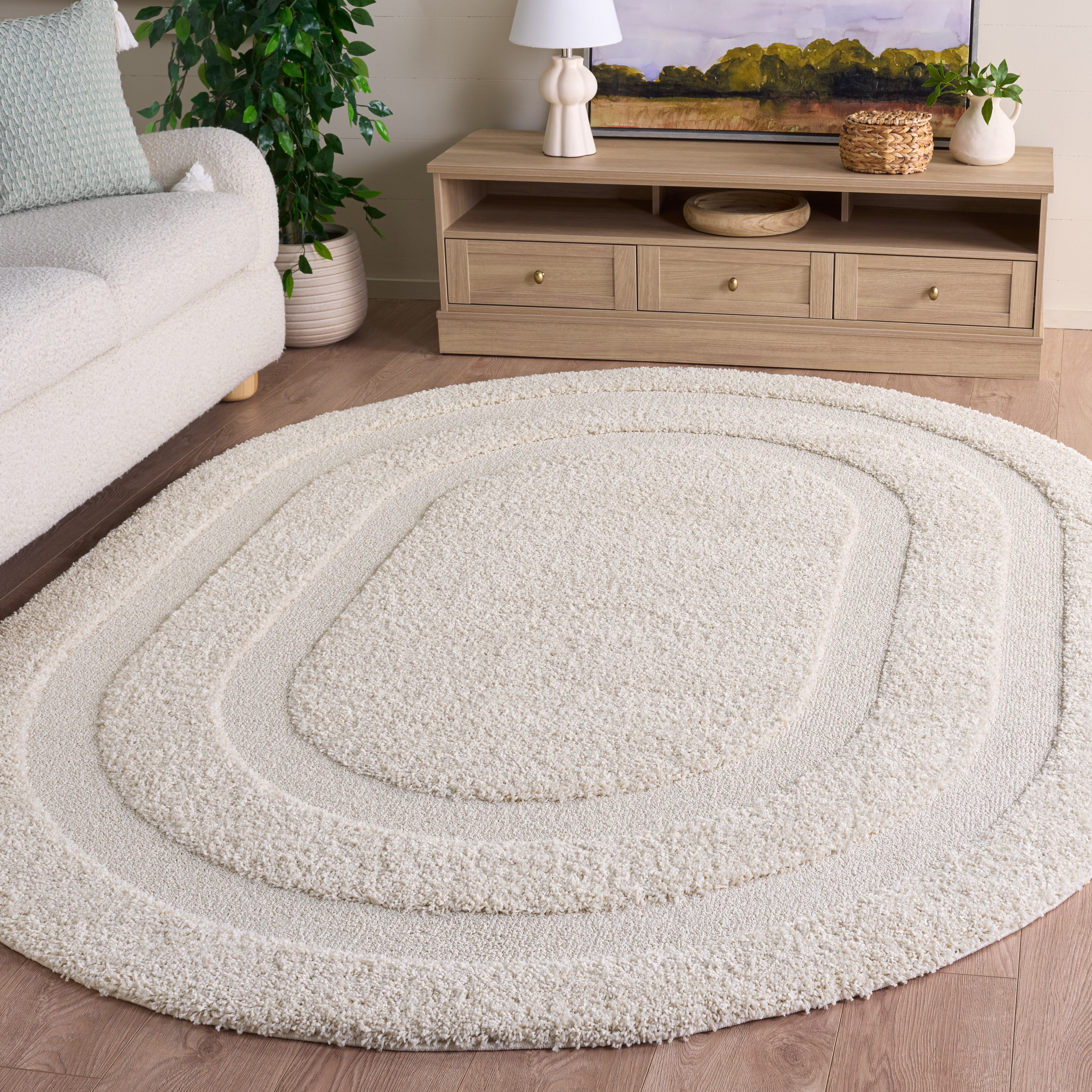Safavieh Florida Mason Bordered Shag Area Rug, Creme, 6' x 8' Oval