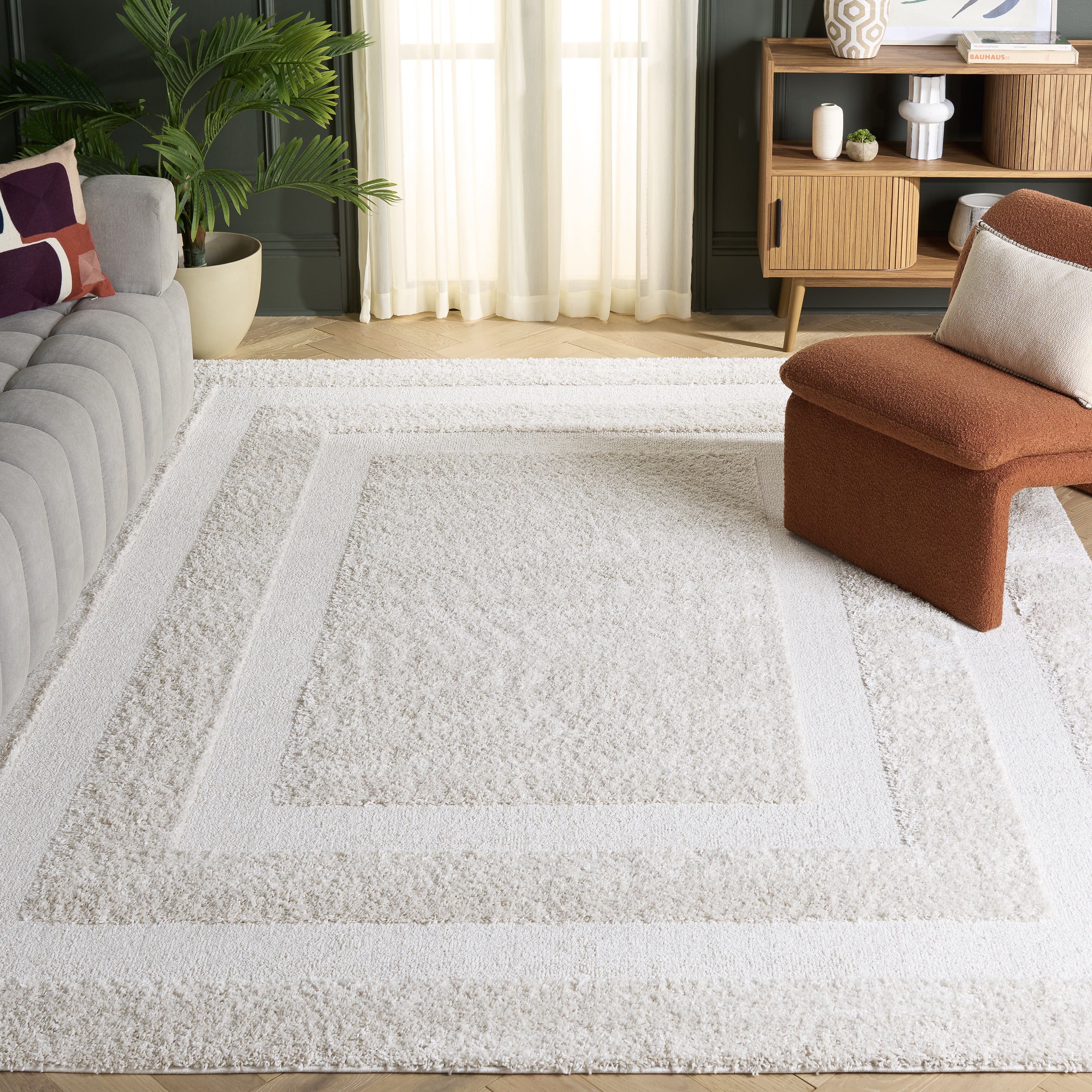 Safavieh Florida Mason Bordered Shag Area Rug, Creme, 9' x 9' Square