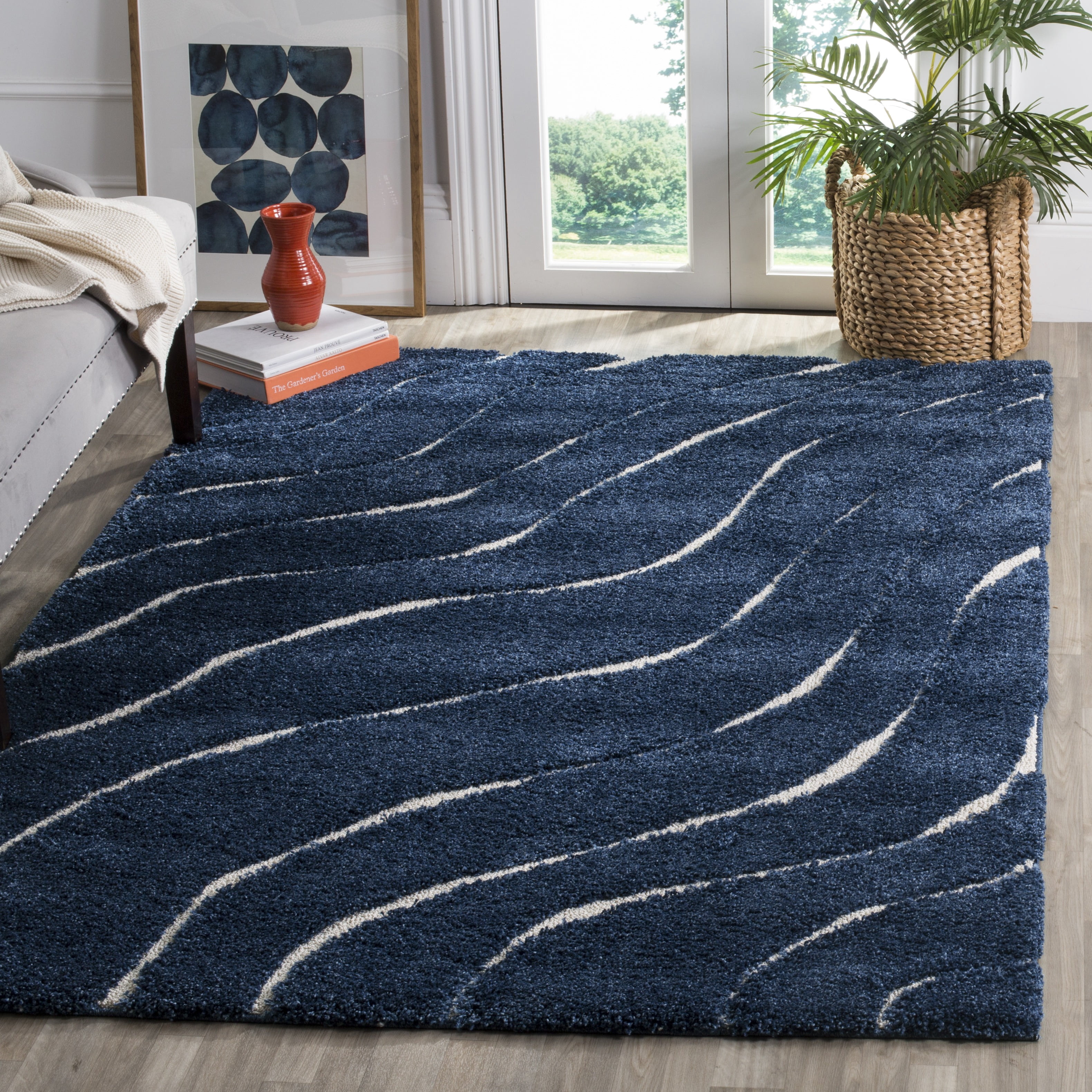 Safavieh Florida Tabitha Geometric Shag Area Rug, Dark Blue/Cream, 5' x 5' Square