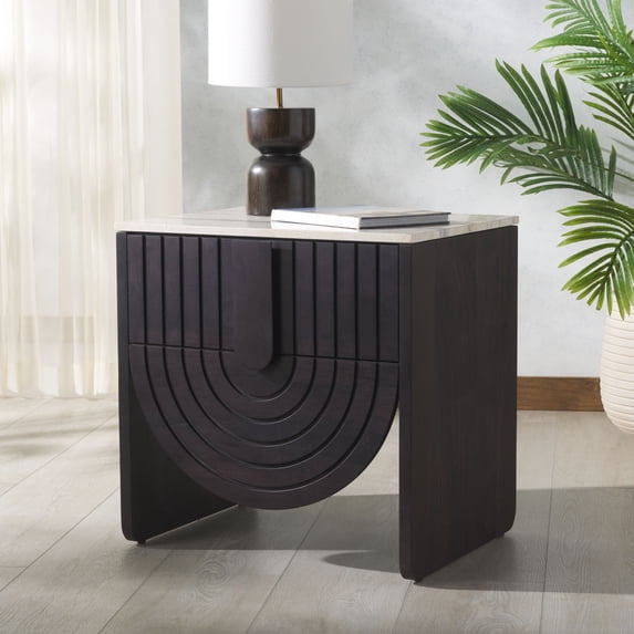Safvaieh Couture Floris Modern Wood and Metal Nightstand, Travertine/Black