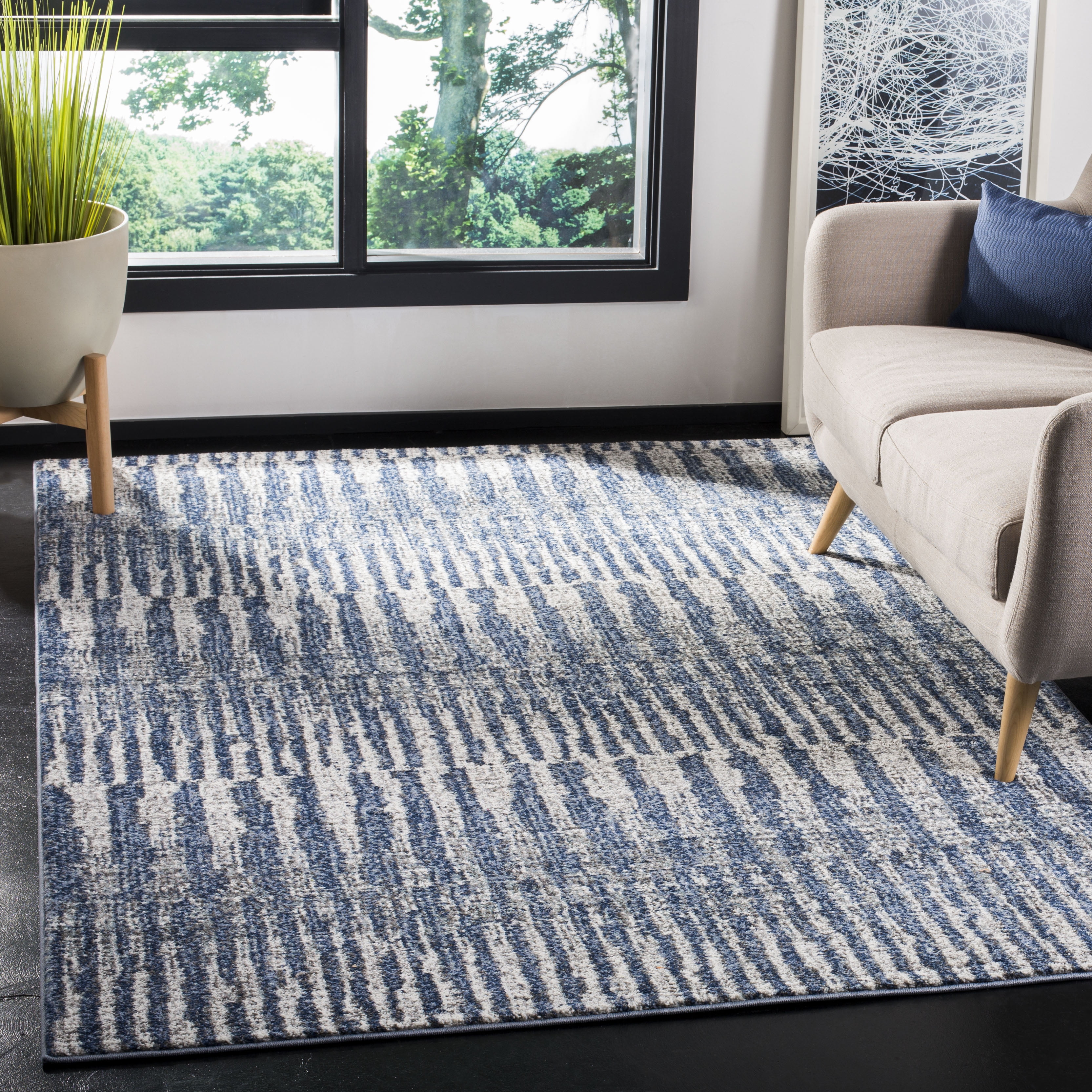 Gray Geometric 5'3" Square Stain-Resistant Synthetic Area Rug