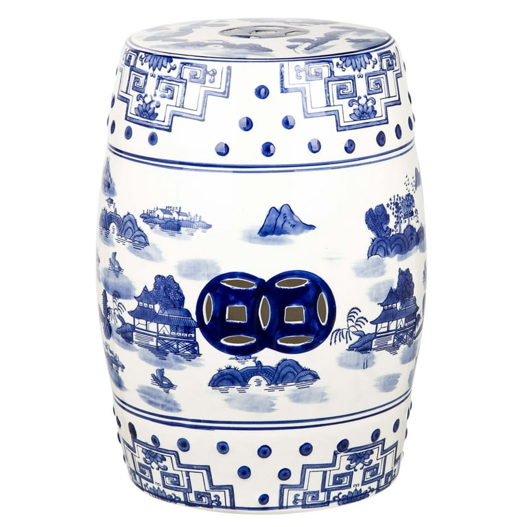 Blue and White Chinoiserie Ceramic Coasters with Holder