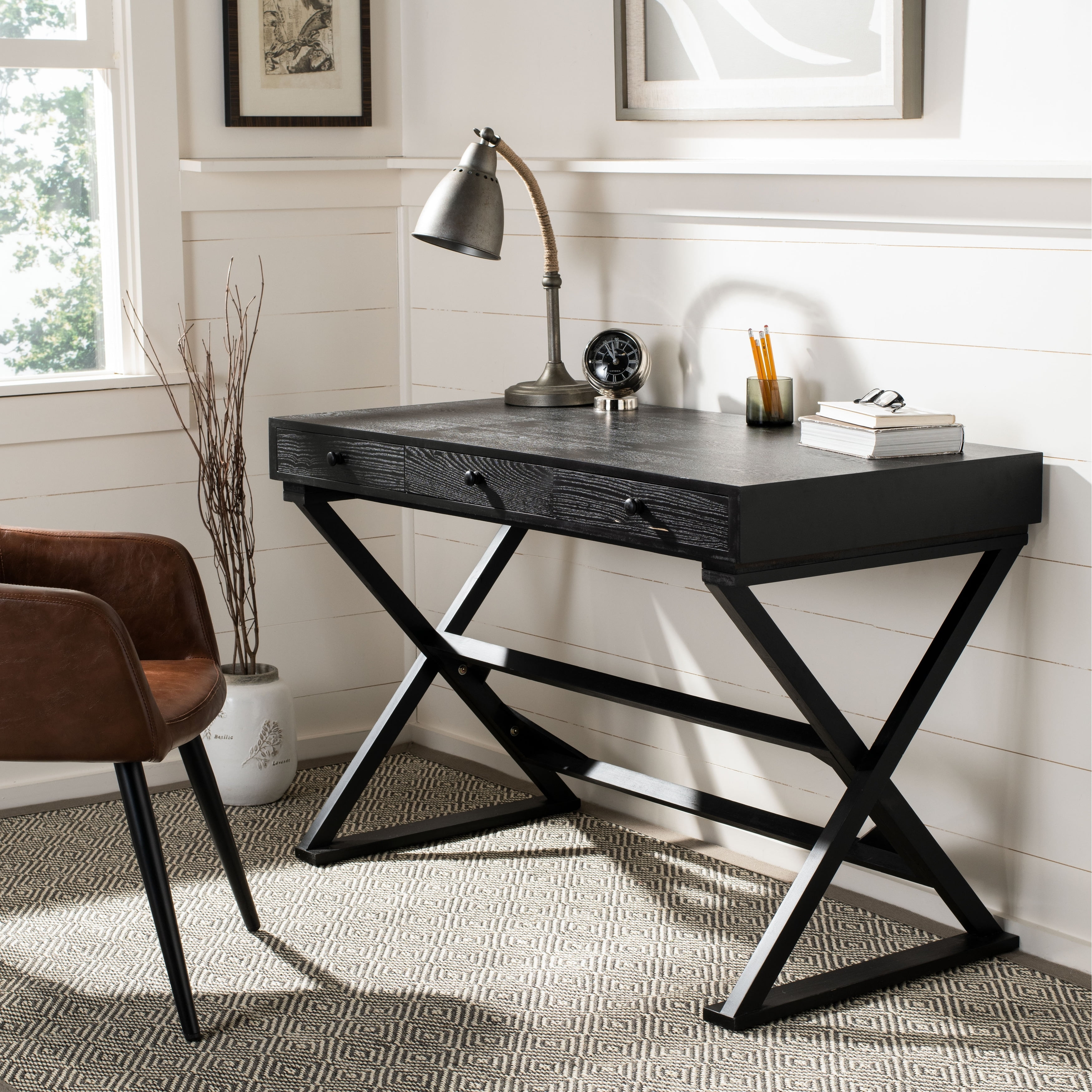 White Fir Wood Rectangular Desk with Drawers