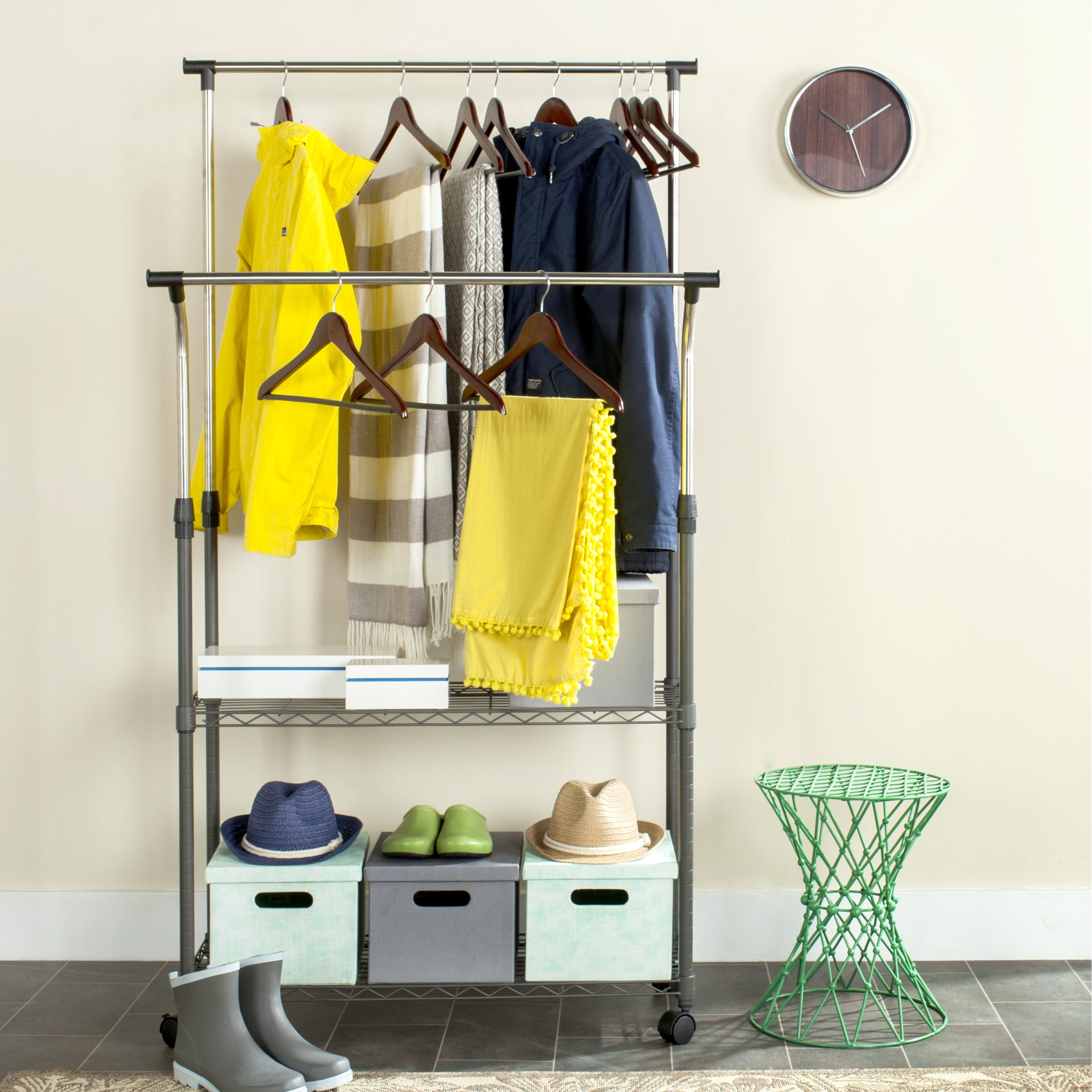 Black Chrome Wire Double Rod Portable Clothes Rack
