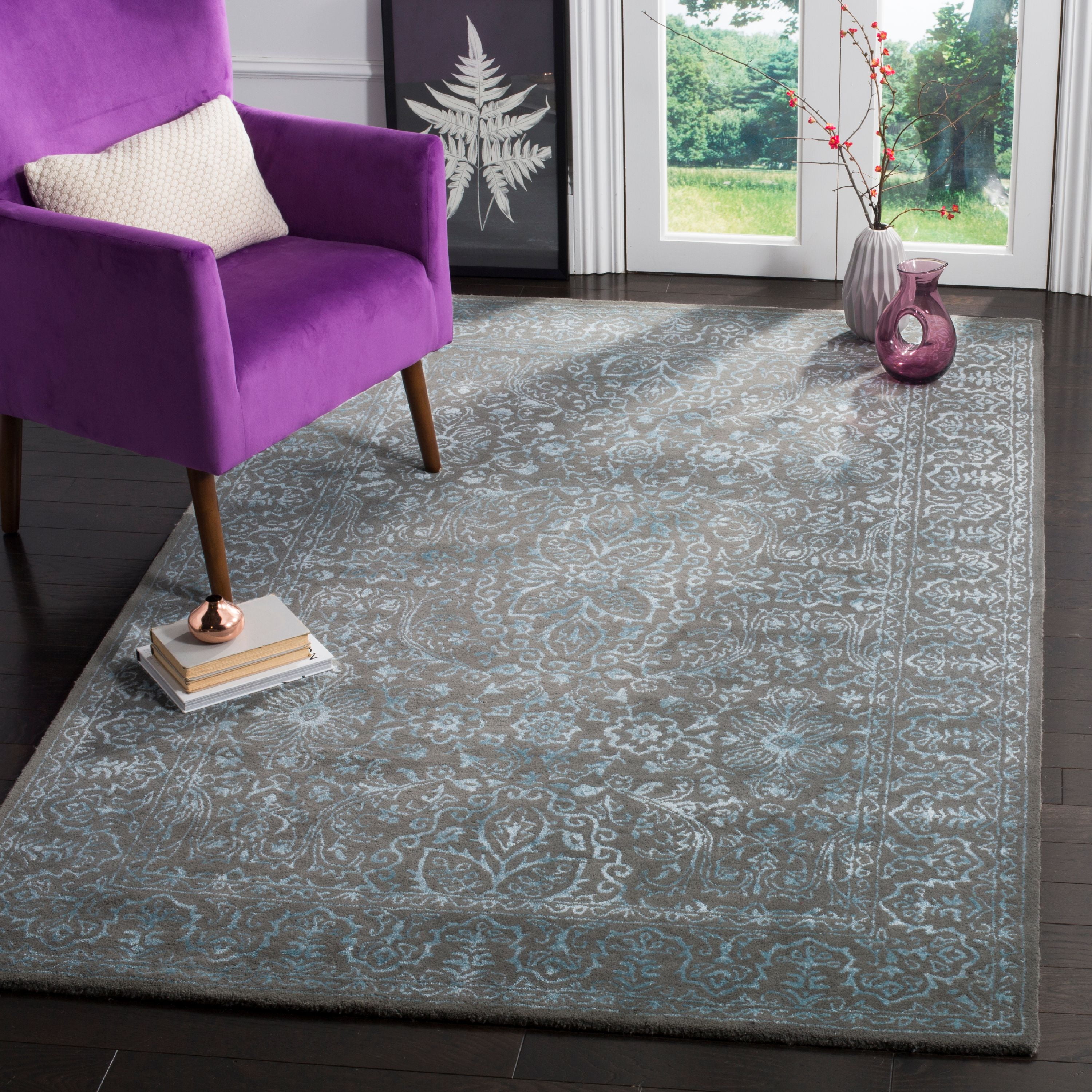 Blue and Dark Grey Hand-Tufted Wool Rectangular Area Rug