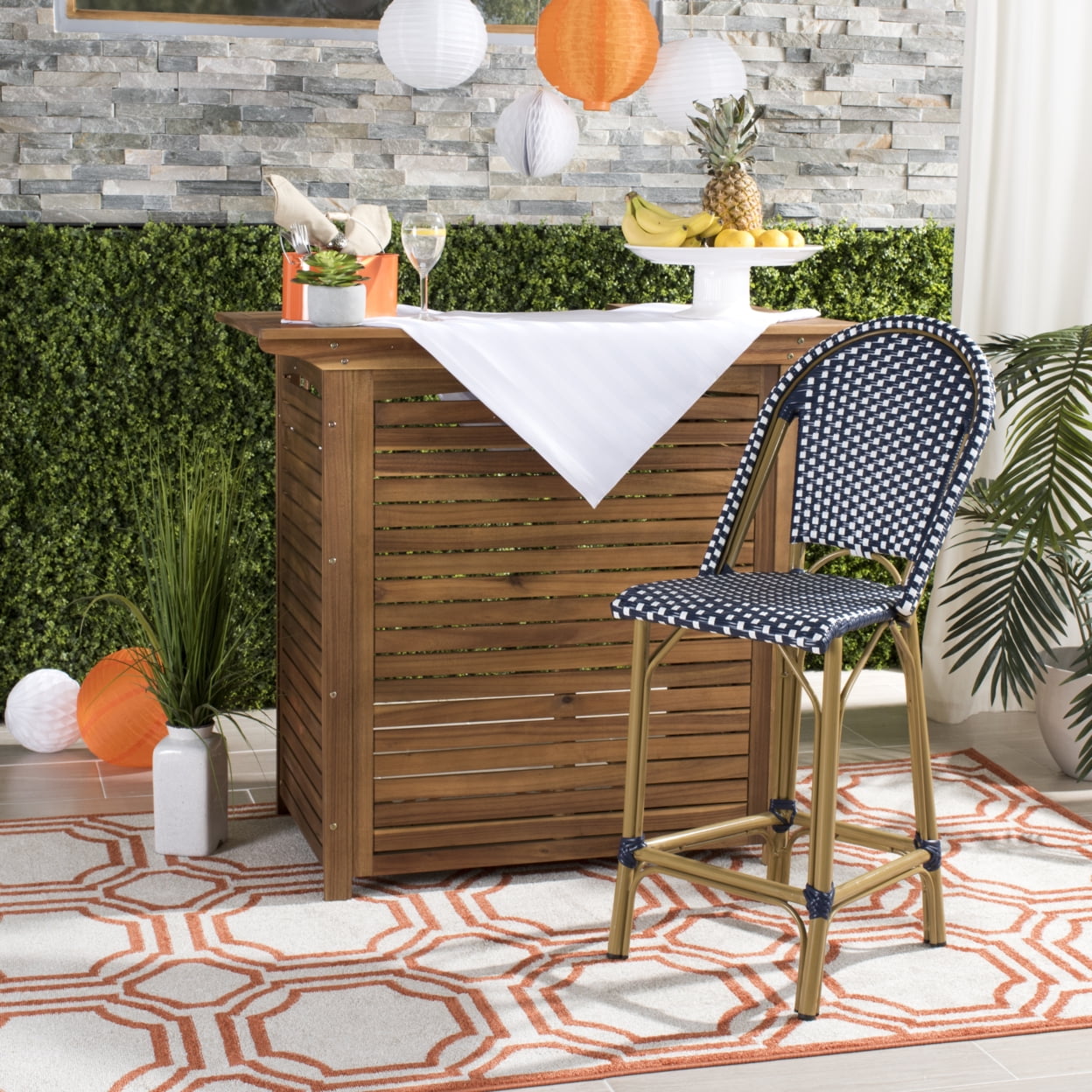 Navy and White French Bistro-Inspired Counter Stool with Wicker Accents