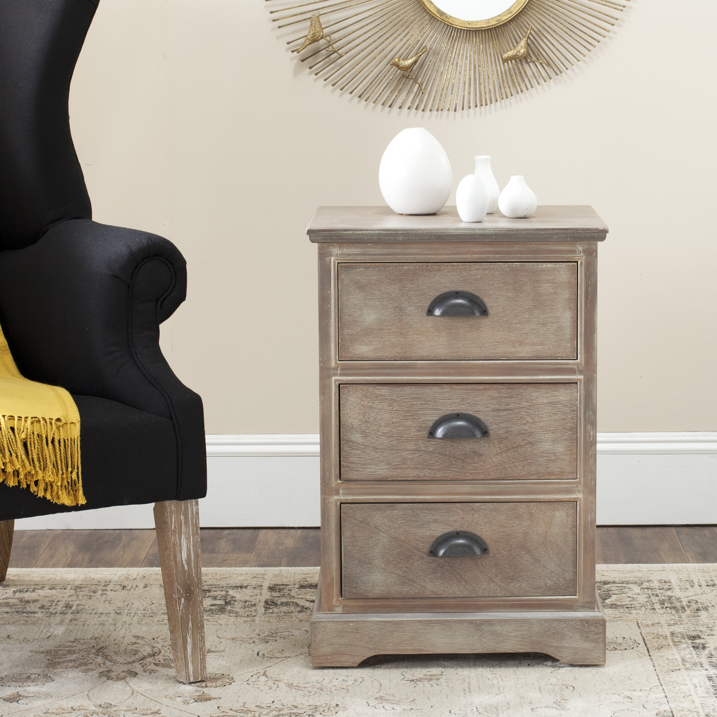Transitional Beige Pine 3-Drawer Rectangular Side Table