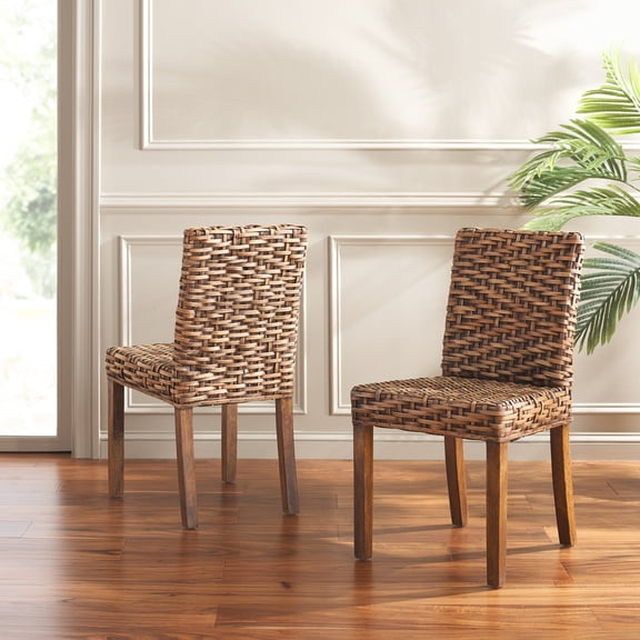 Safavieh Grove Wood and Rattan Coastal Side Chair, Brown (Set of 2)