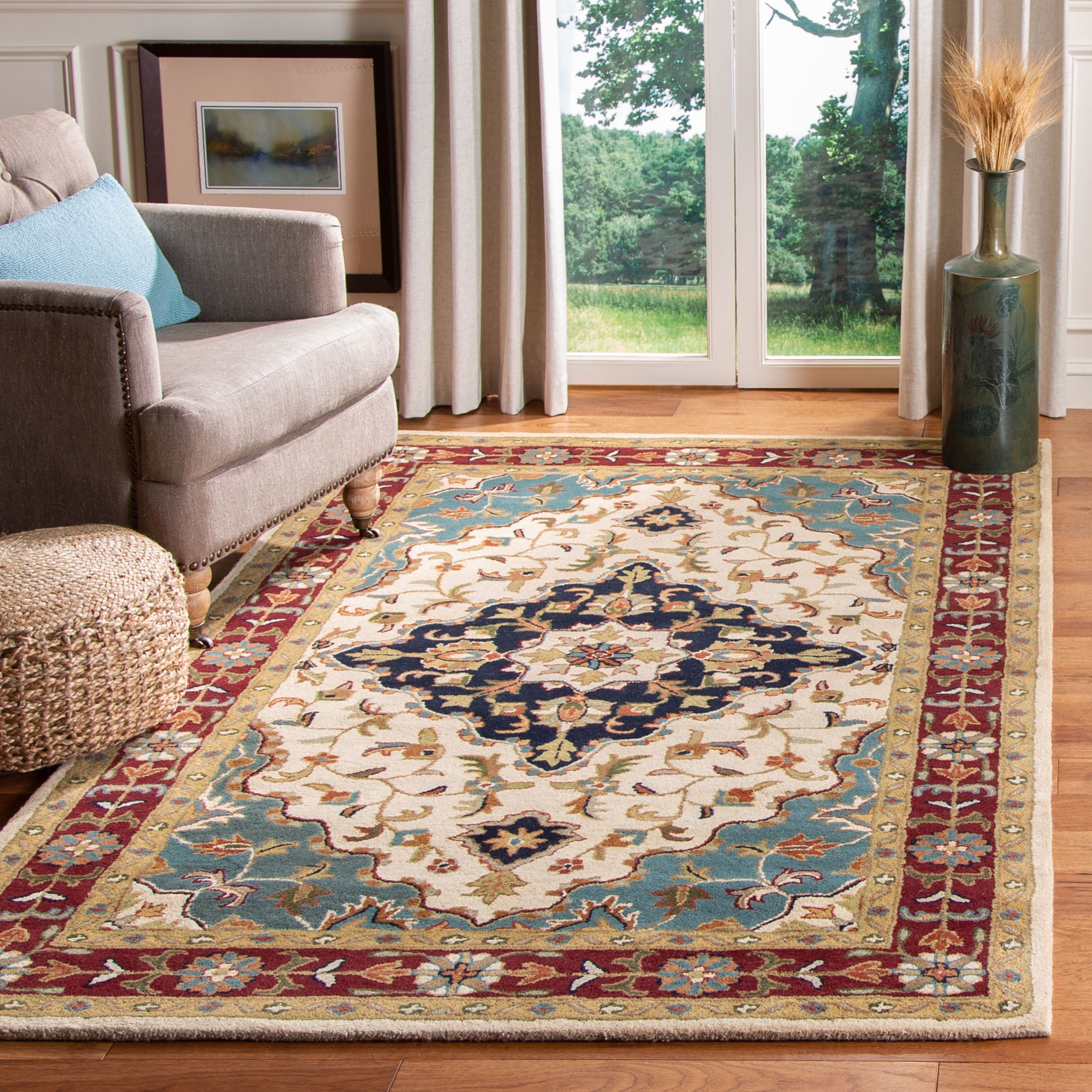 Ivory and Red Handmade Wool Rectangular Area Rug
