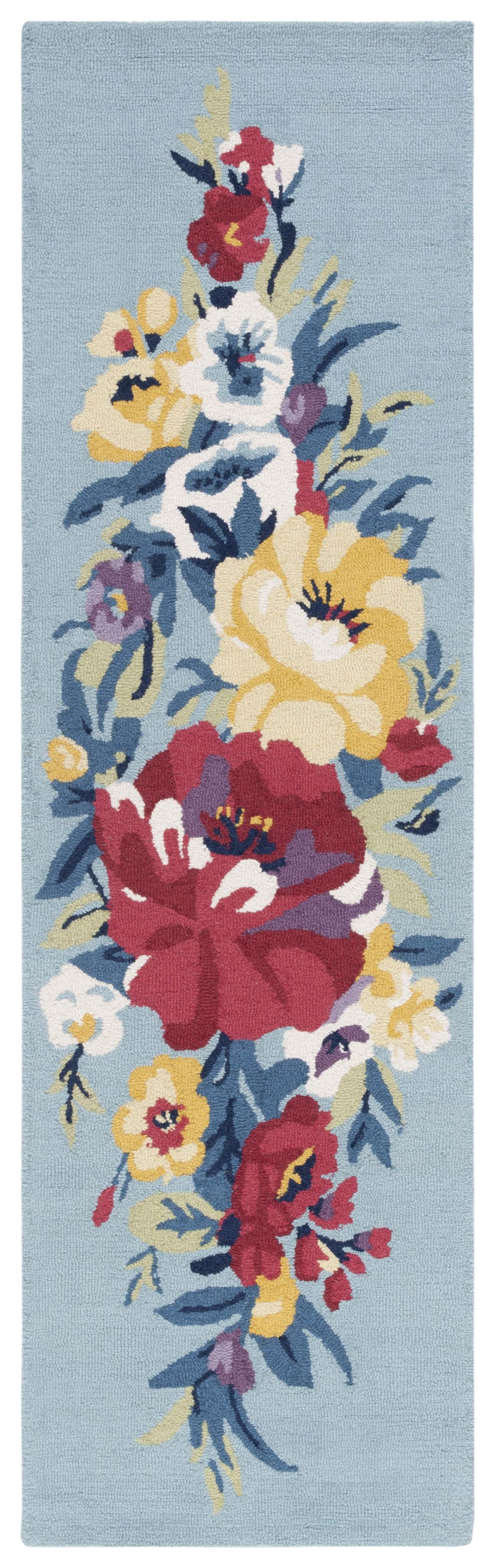 Blue and Rose Floral Wool Hand-Tufted Runner Rug