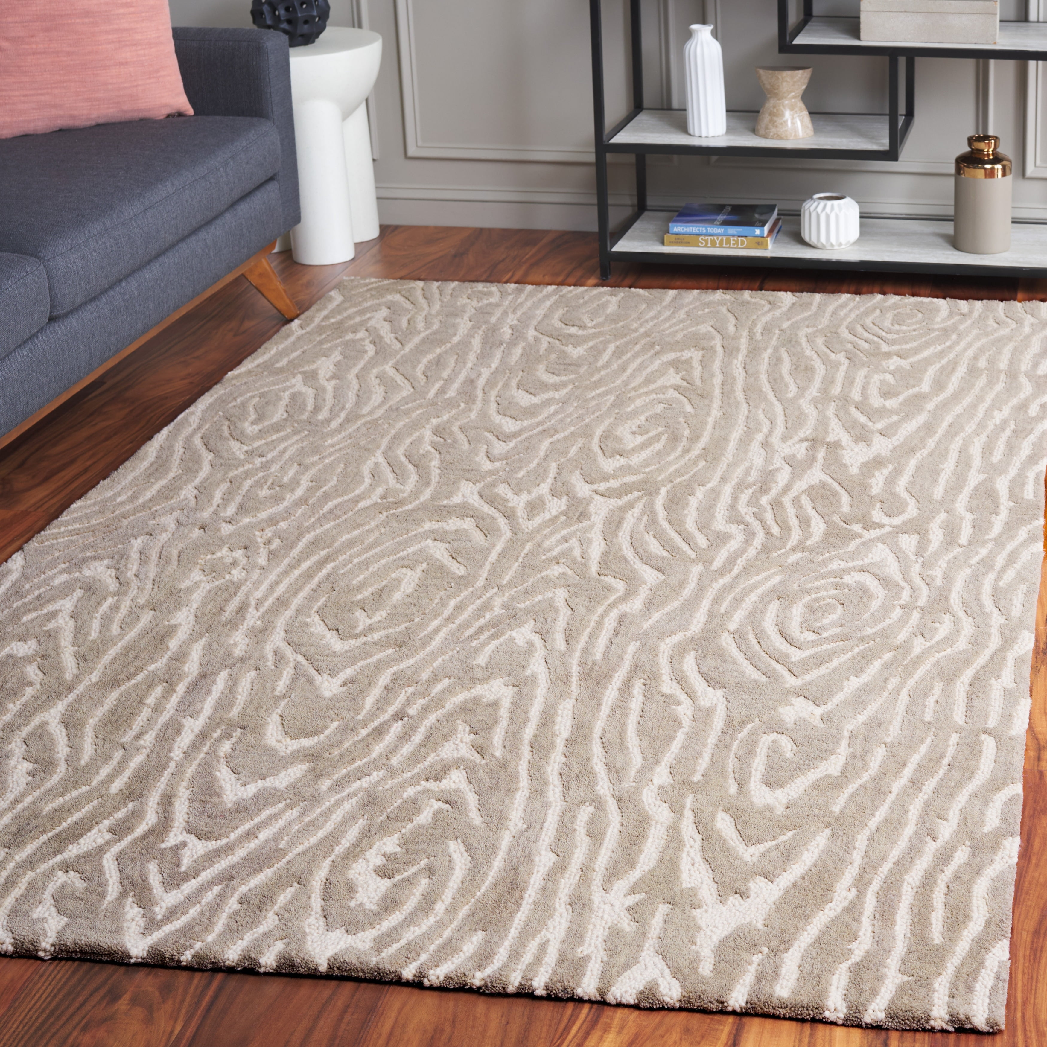 Grey and Ivory Handmade Wool Tufted Area Rug 6' x 9'