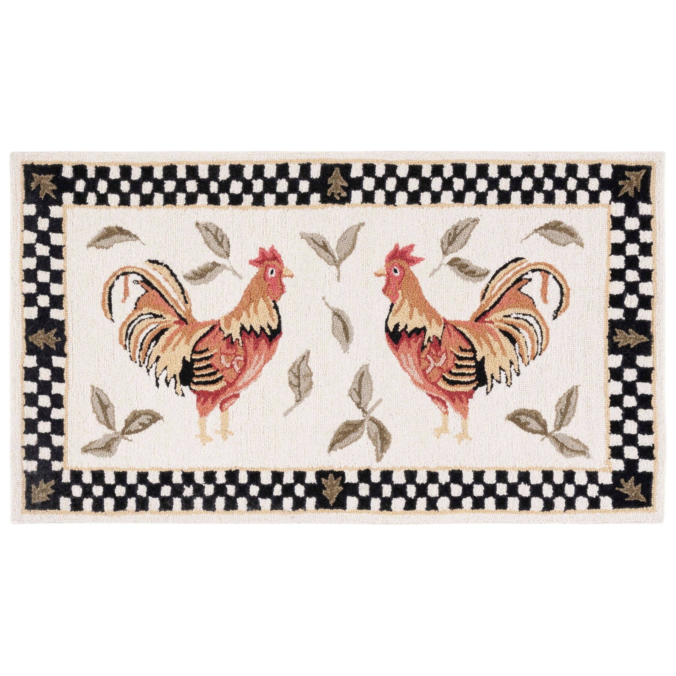 Handmade Black and Ivory Wool Rooster Rug, 30x20