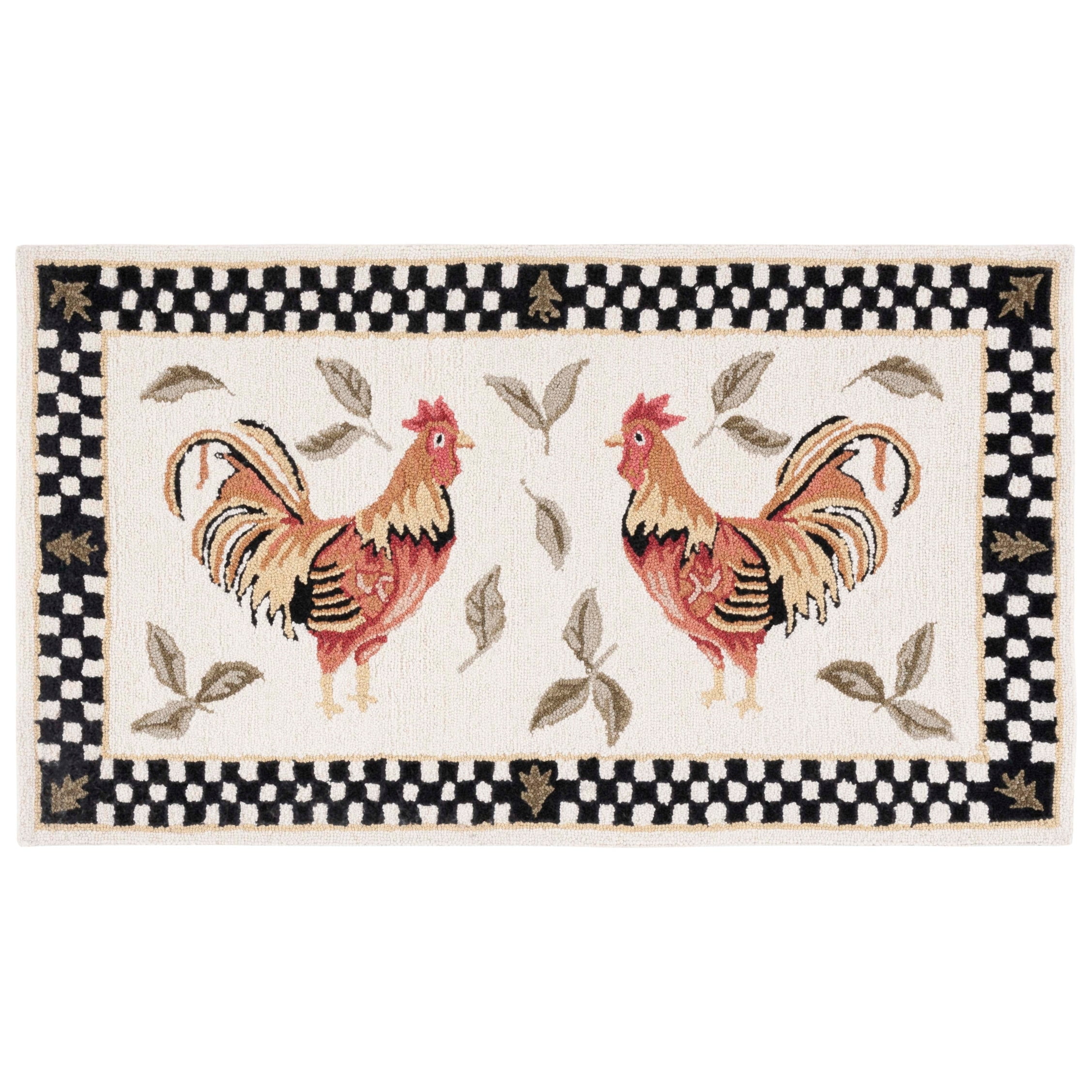 Handmade Black and Ivory Wool Rooster Rug, 30x20