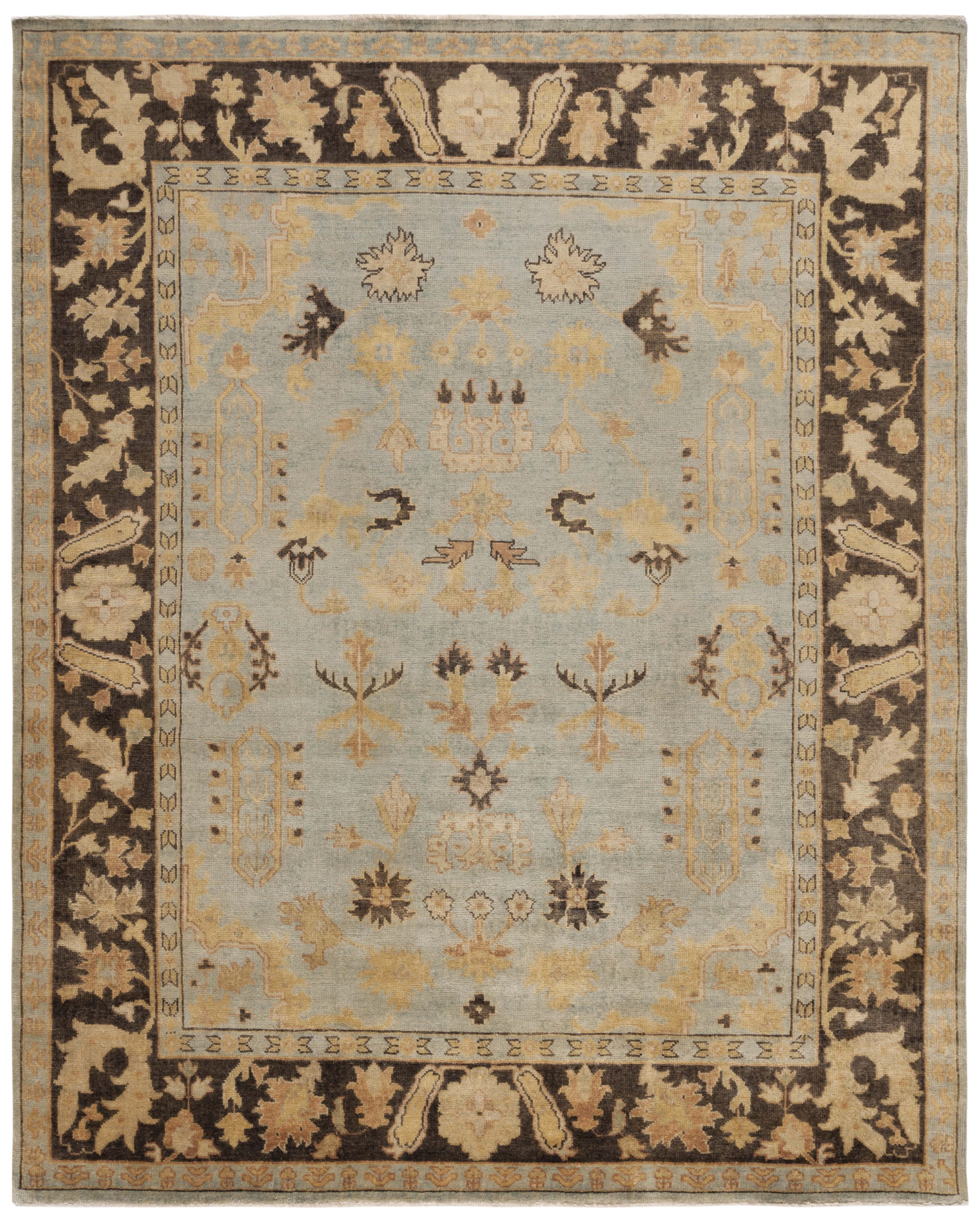 Hand-Knotted Light Blue and Brown Wool 8' x 10' Traditional Rug