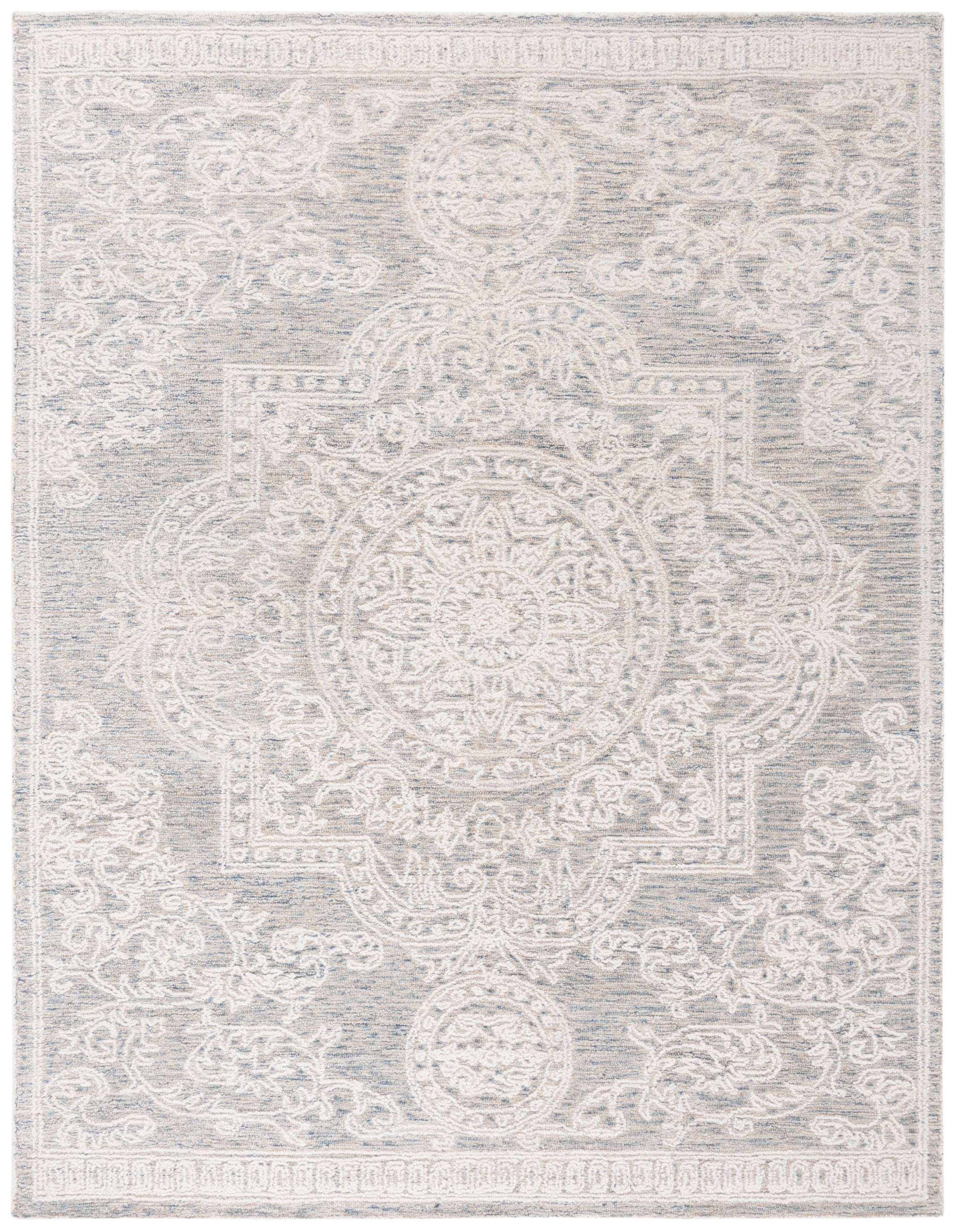 Ivory and Blue Handmade Wool Abstract Tufted Area Rug, 8' x 10'