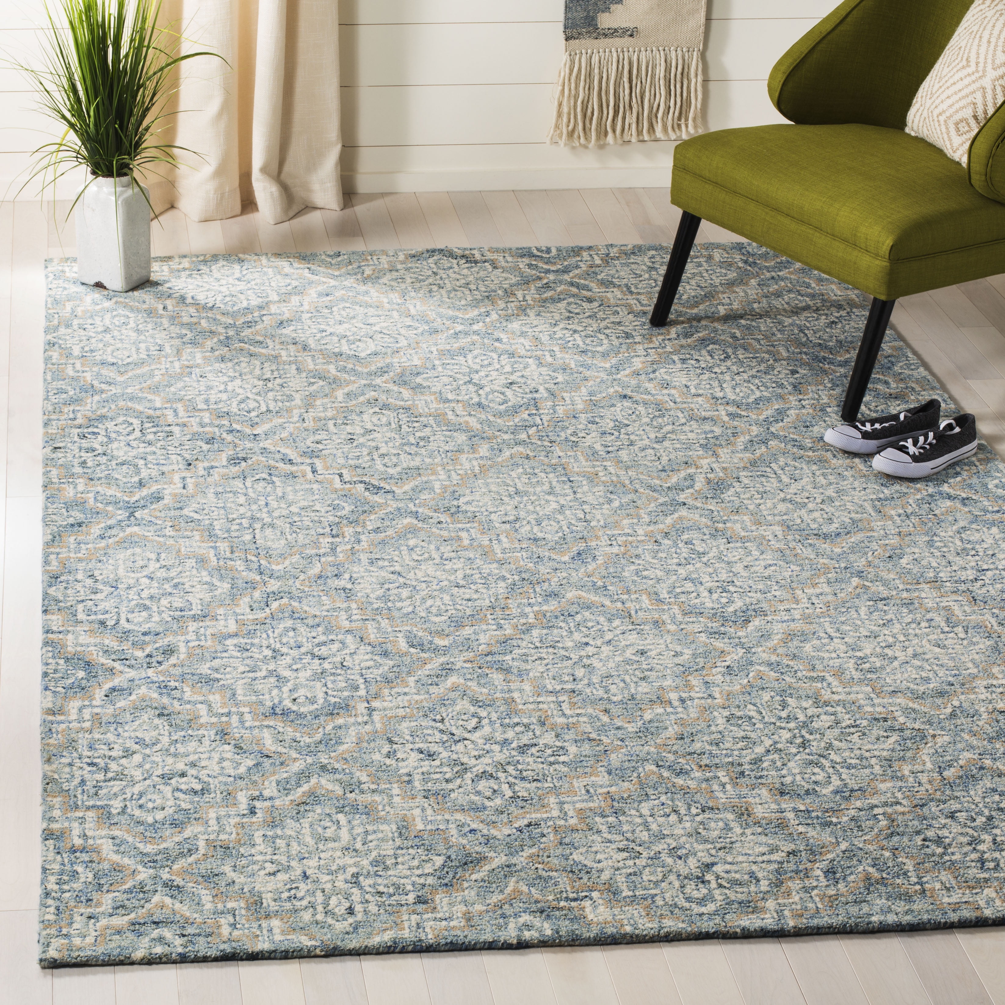 Blue Wool Tufted Handmade 4' x 6' Abstract Area Rug