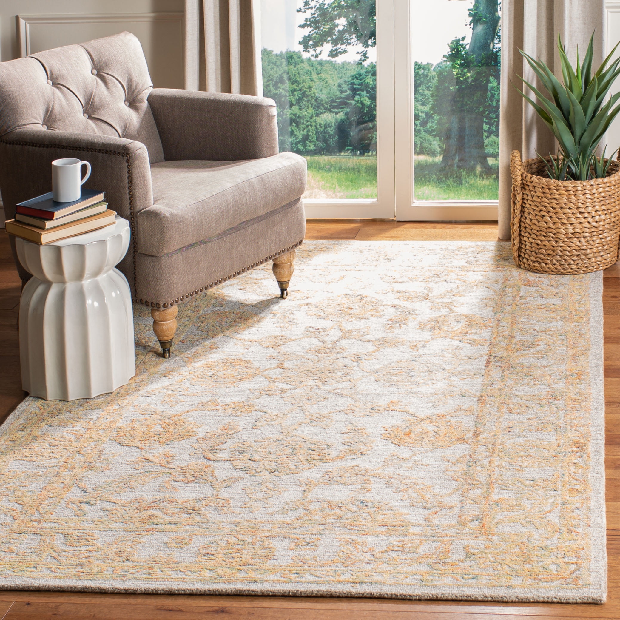 SAFAVIEH Abstract Renae Floral Wool Area Rug, Beige/Gold, 6' x 6' Square