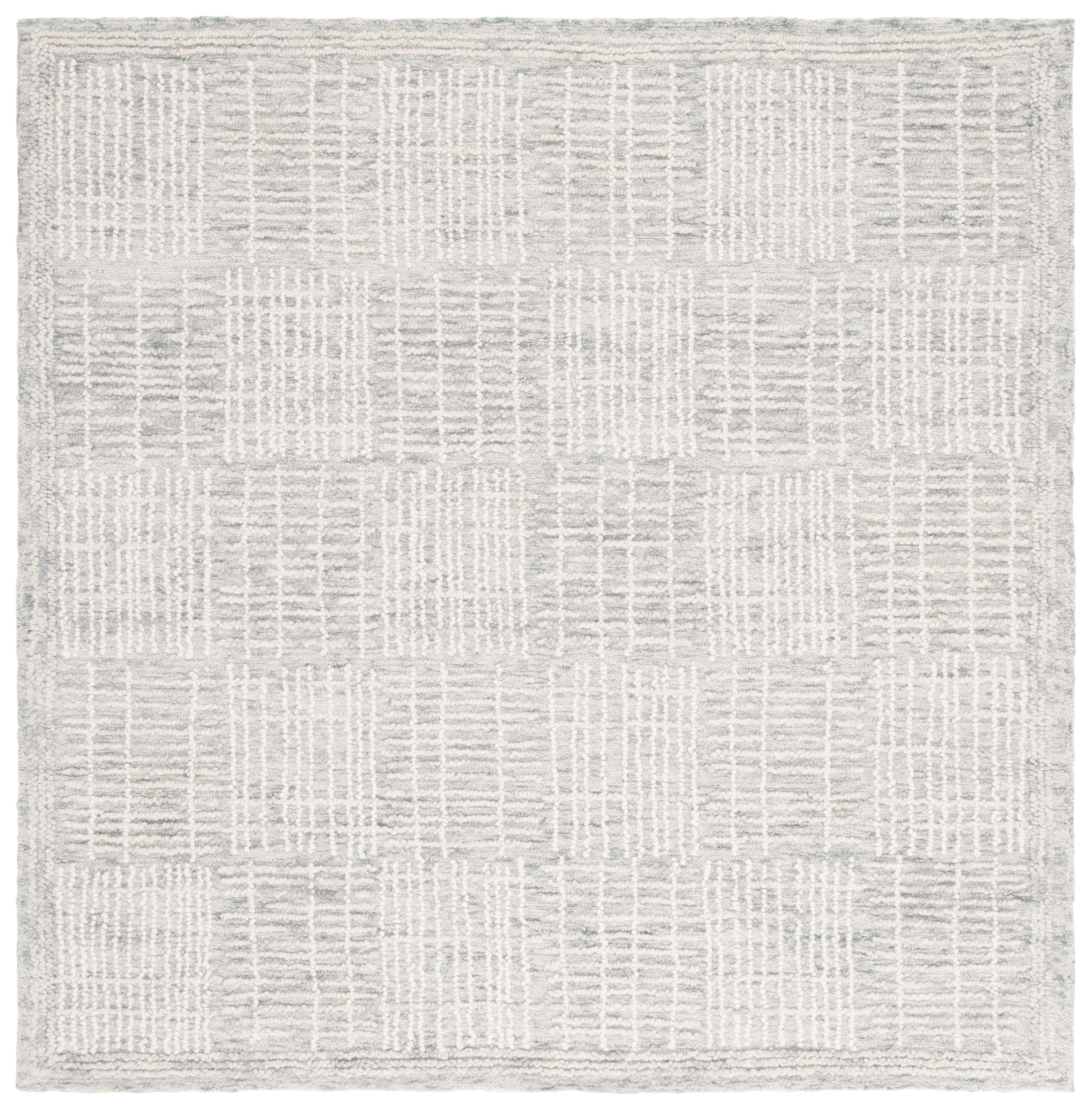 Grey and Ivory Handmade Wool Abstract Tufted Square Rug, 6' x 6'