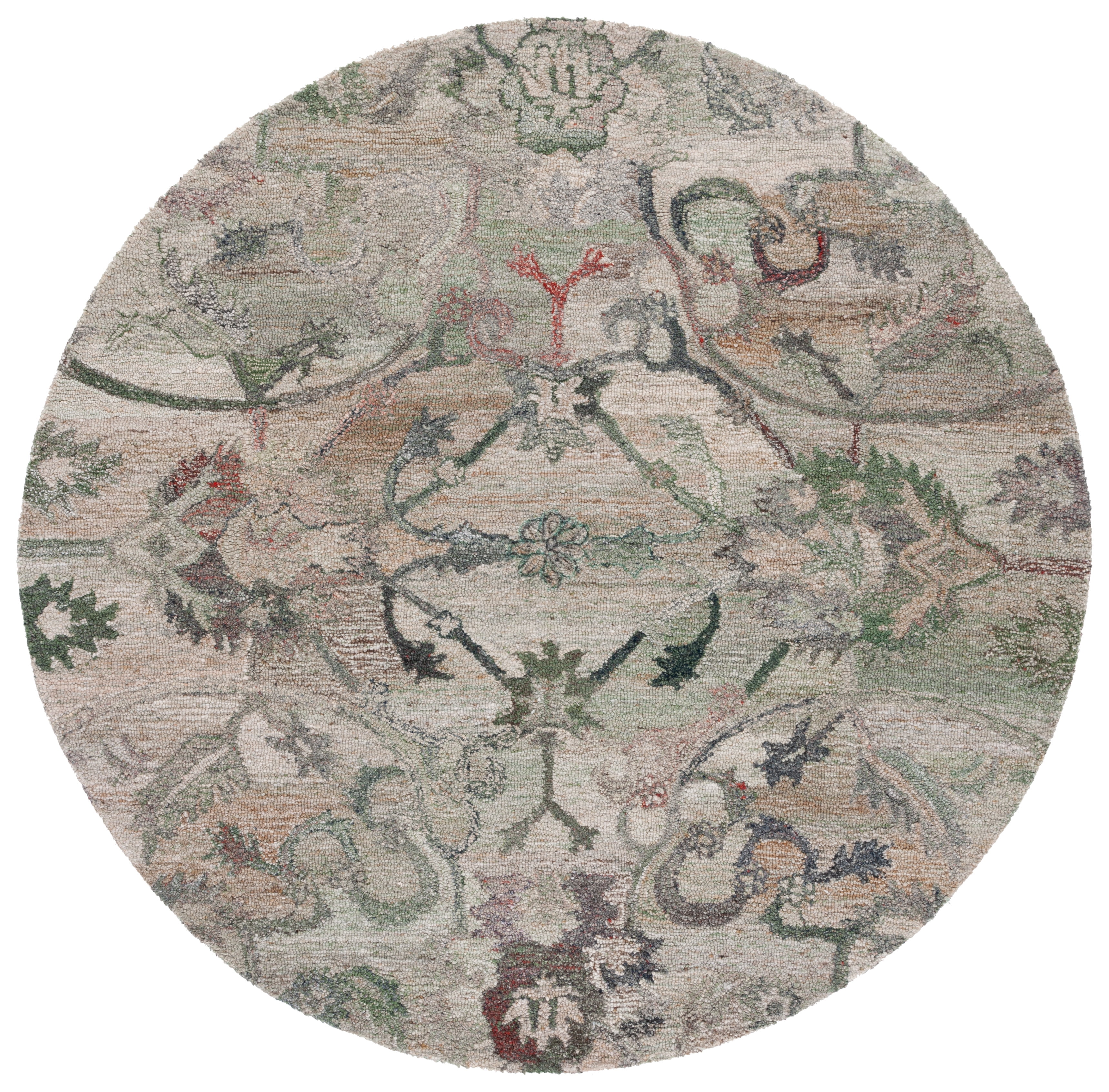 Handmade Sage and Beige Round Wool Area Rug with Cotton Backing