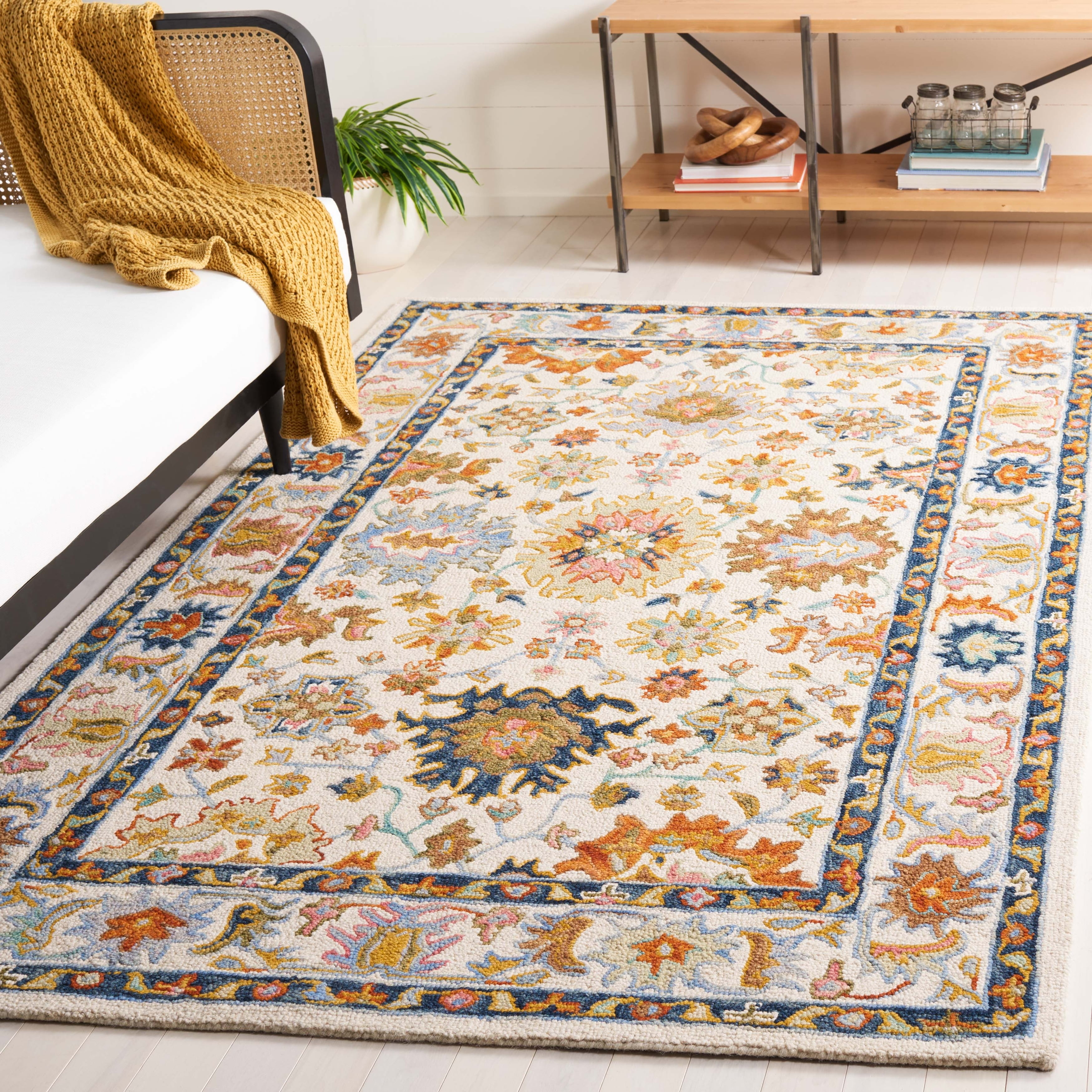 Ivory and Blue Handmade Tufted Wool Square Rug 6' x 6'