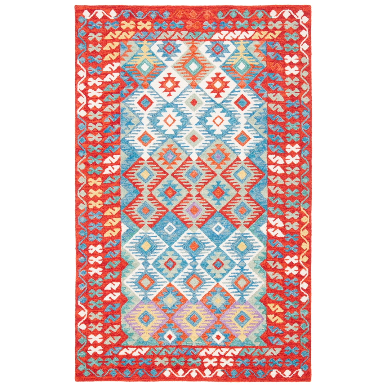 Aspen Blue and Red Handmade Wool Area Rug