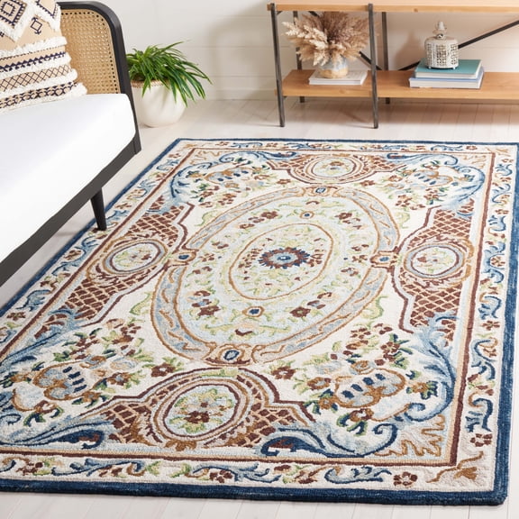 Safavieh  Handmade Aubusson Gretl Traditional Oriental Medallion Wool Rug 6' x 6' Square - Ivory/Blue