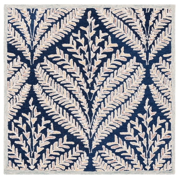 SAFAVIEH Capri Proinsias Leaves Wool Area Rug, Navy/Ivory, 3' x 3' Square
