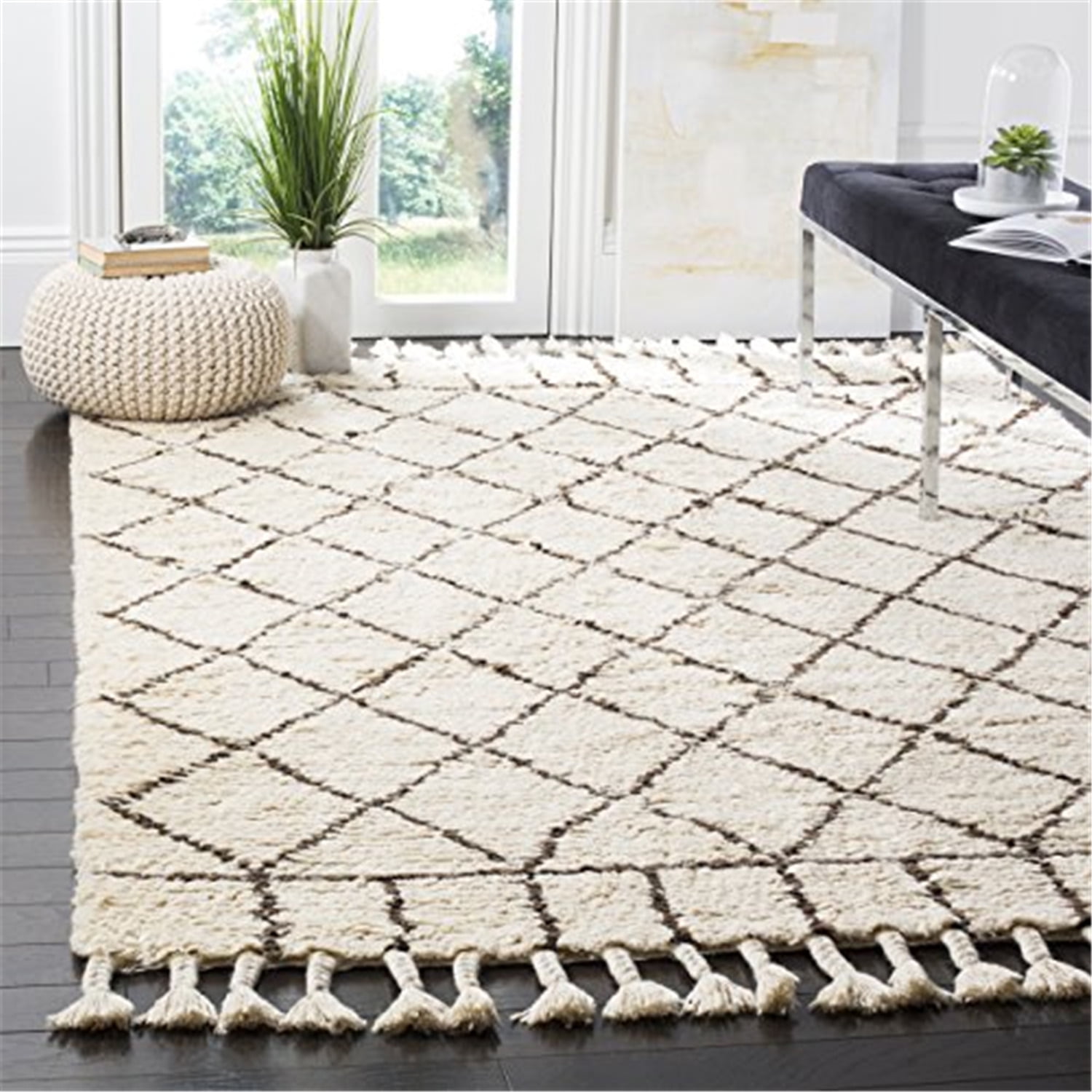 Casablanca Ivory and Brown Hand-Tufted Wool Shag Area Rug 8' x 10'