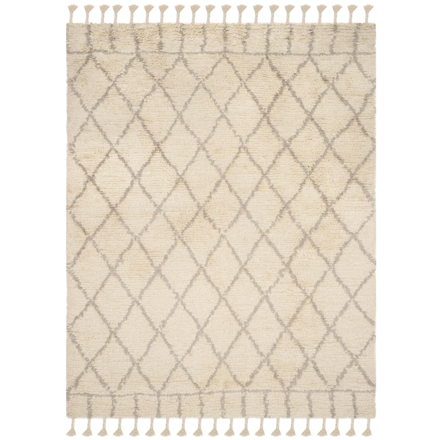 Ivory and Light Grey Hand-Tufted Wool Shag Rug 8' x 10'