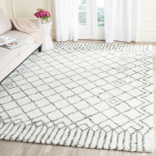 Safavieh Handmade Casablanca Shag Santina Tribal Wool Rug Ivory/Grey 8' x 10' 8' x 10' Indoor Living Room, Bedroom, Dining Room Grey