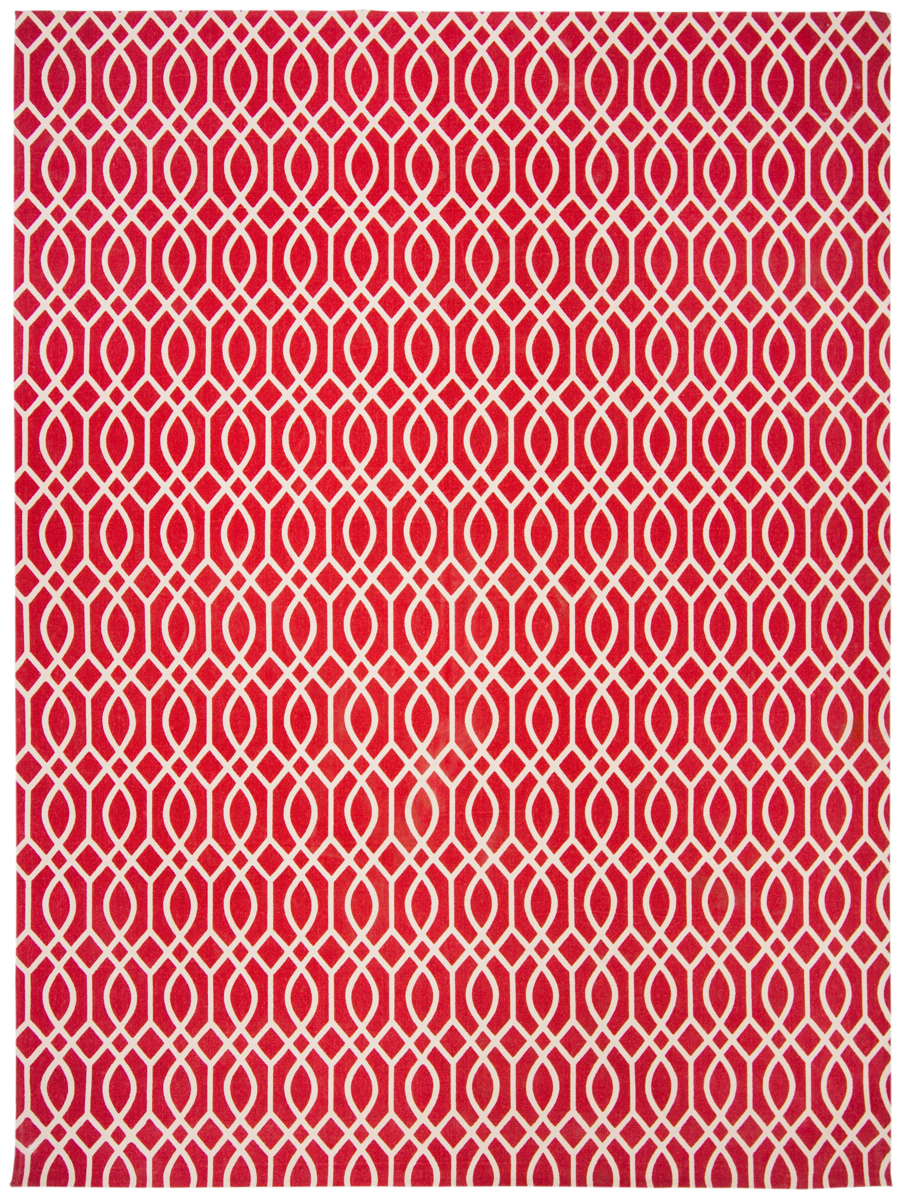 Coral and Ivory Geometric Cotton Flat-Weave Rug, 9' x 12'