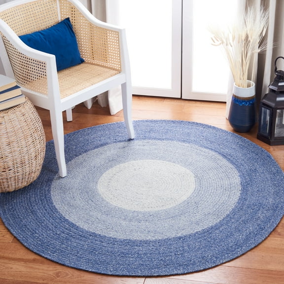 SAFAVIEH Braided Osmond Geometric Polyester Reversible Area Rug, Blue/Ivory, 5' x 5' Round