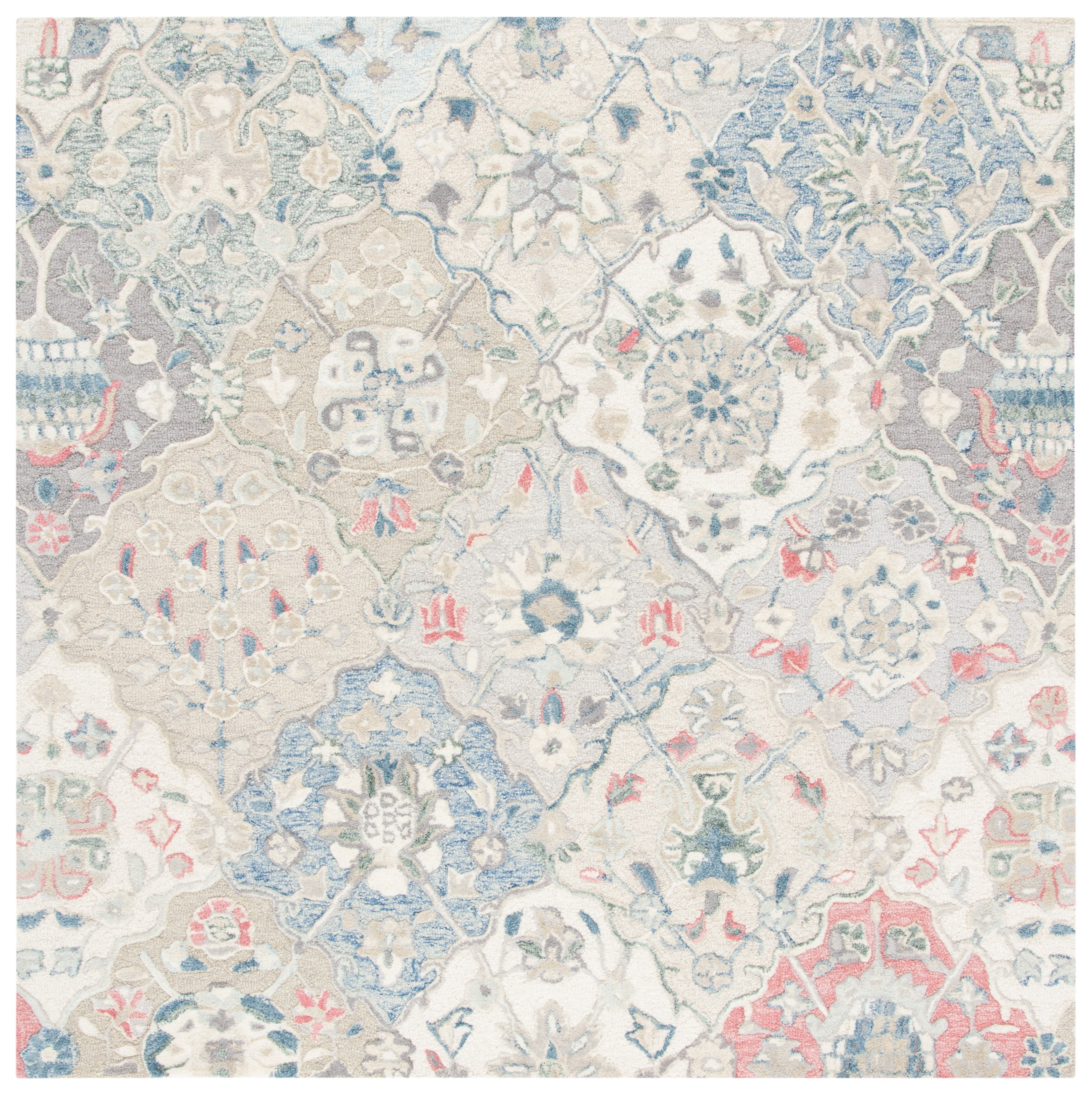 Ivory and Red Hand-Tufted Wool Square Area Rug