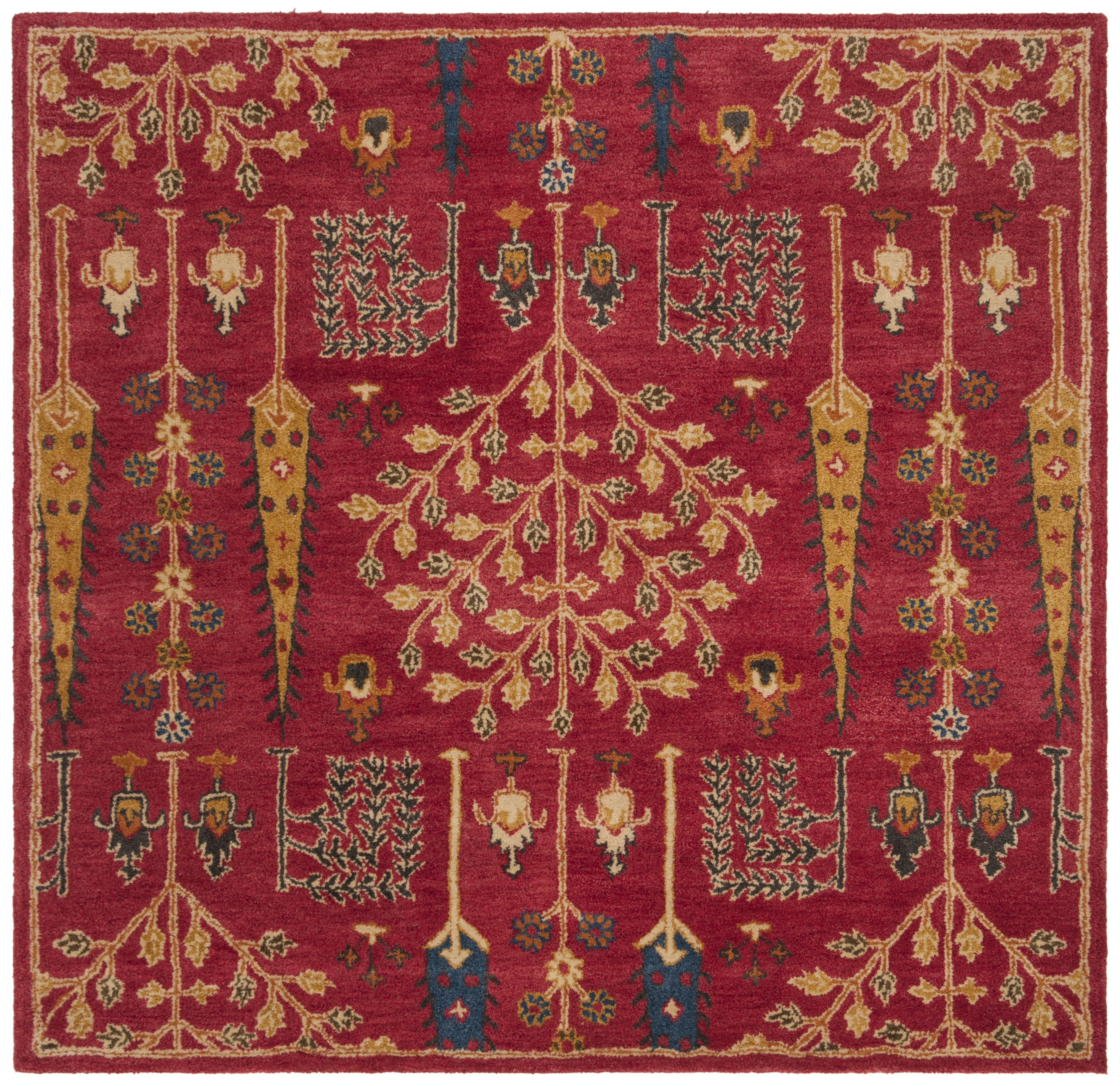 Red Handmade Wool Square Tufted Area Rug, 4' x 4'