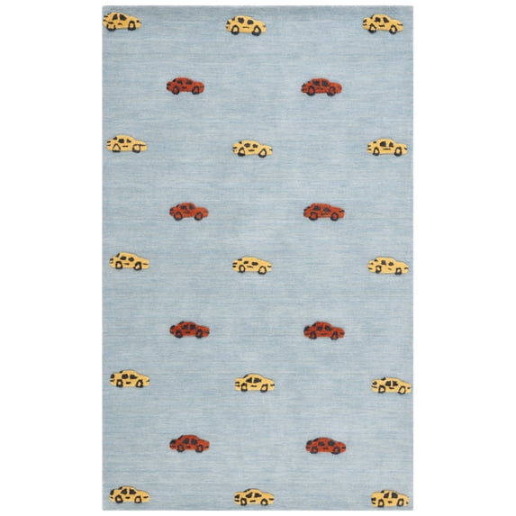 SAFAVIEH Kids Cars Stripes Area Rug, Light Blue/Yellow, 4' x 6'
