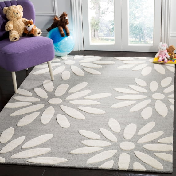 Safavieh Handmade Kids Fleurette & Tween Wool Rug Grey/Ivory 5' x 5' Square 5' Square Bedroom,Living Room,Dining Room Square