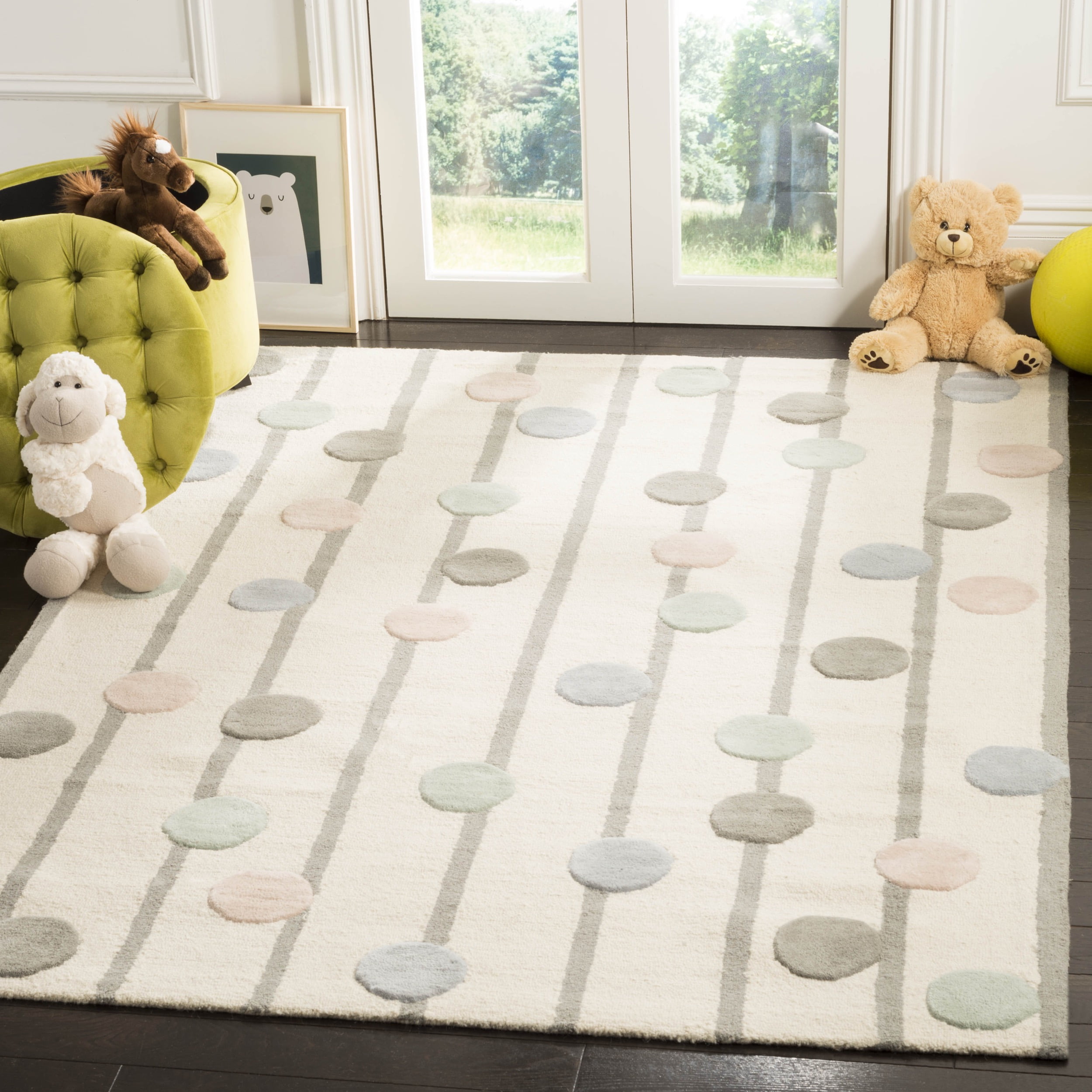 Ivory Hand-Tufted Wool Square Kids Rug with Polka Dots