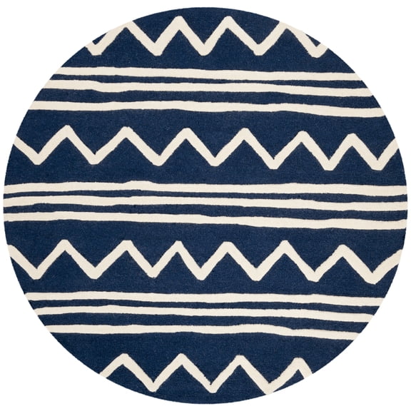 SAFAVIEH Kids Zigzag Striped Wool Area Rug, Navy/Ivory, 5' x 5' Round