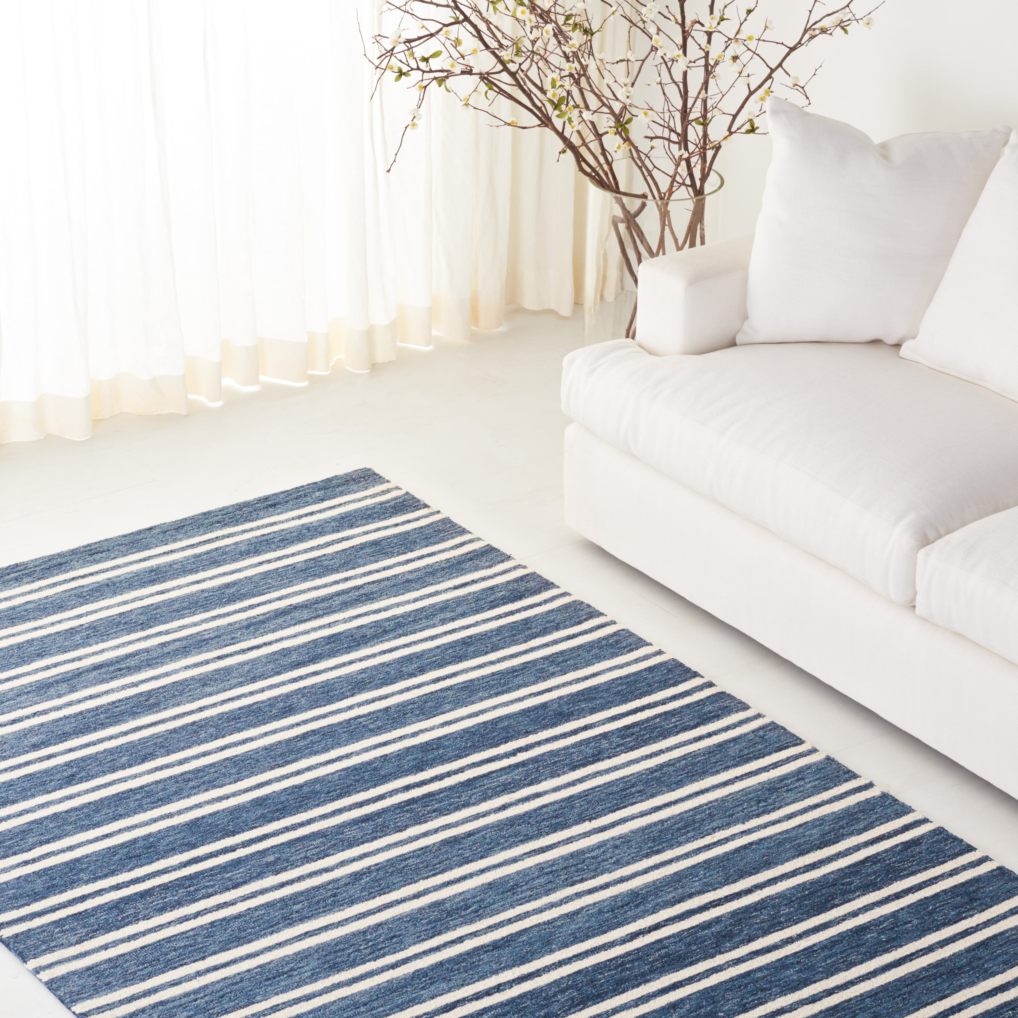 Handmade Blue and Ivory Wool Stripe Area Rug 3' x 5'