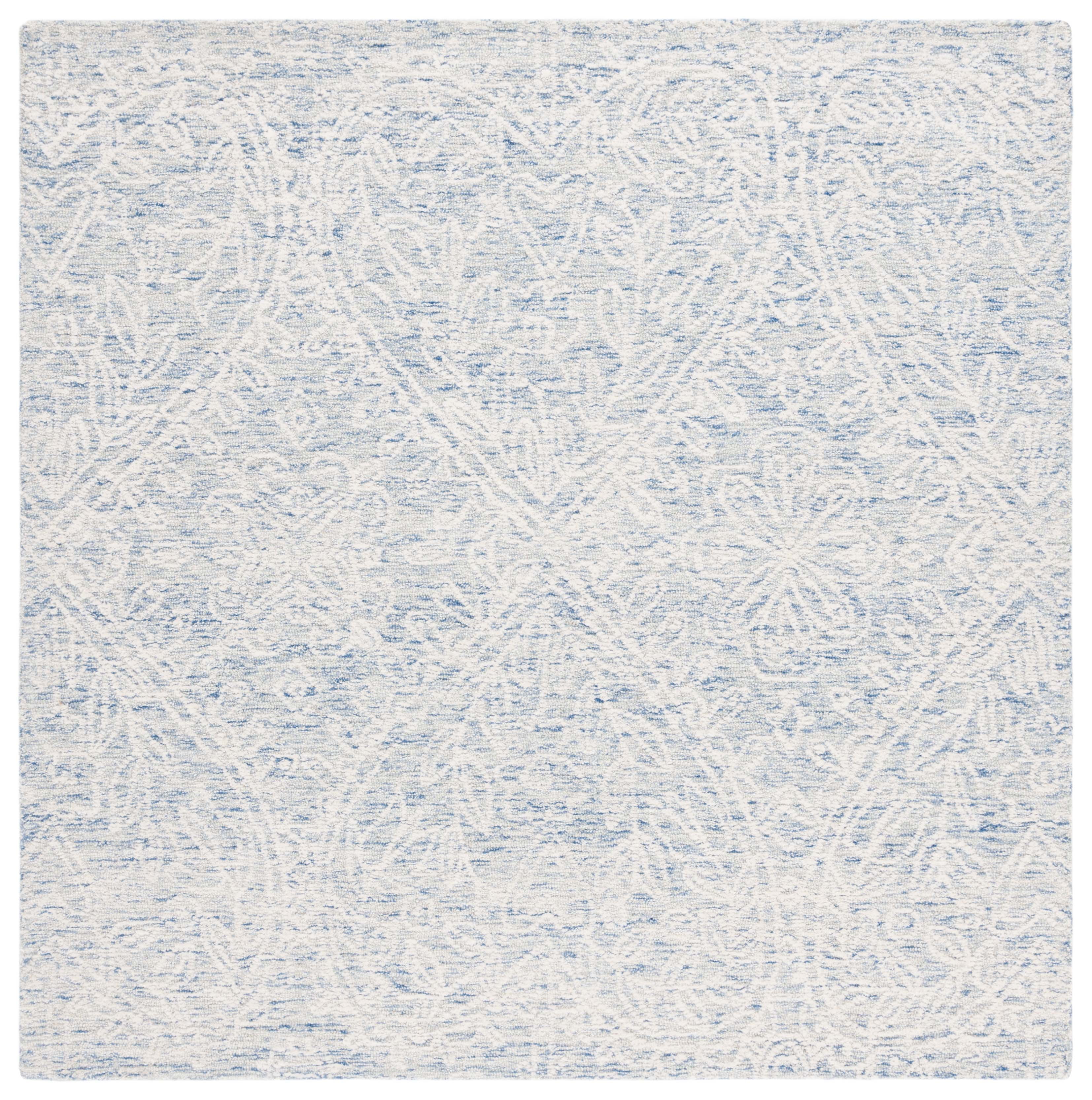 Blue and Ivory 6' Square Hand Tufted Wool Rug