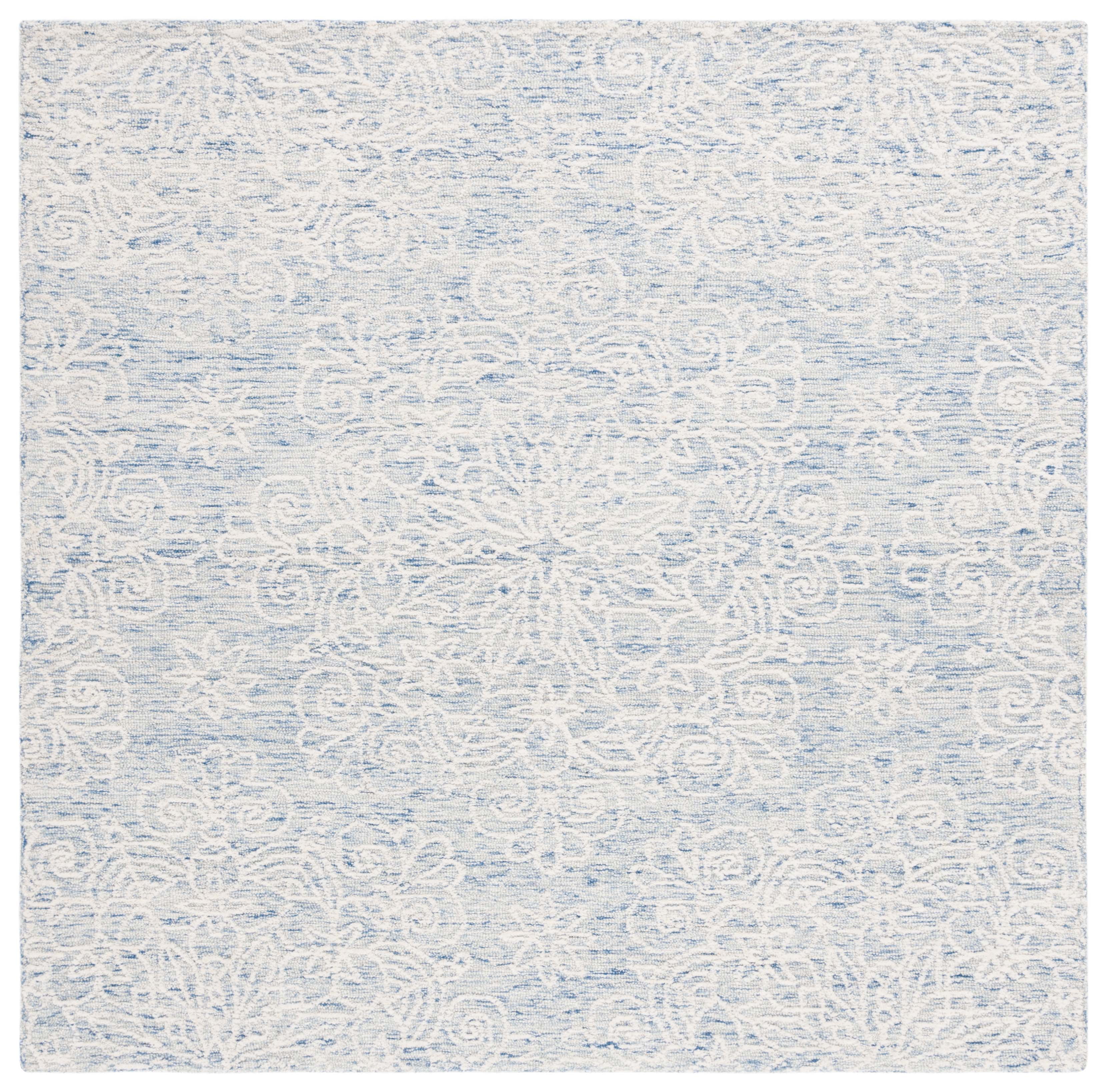 Elegant Blue and Ivory Square Hand-Tufted Wool Rug, 6' x 6'