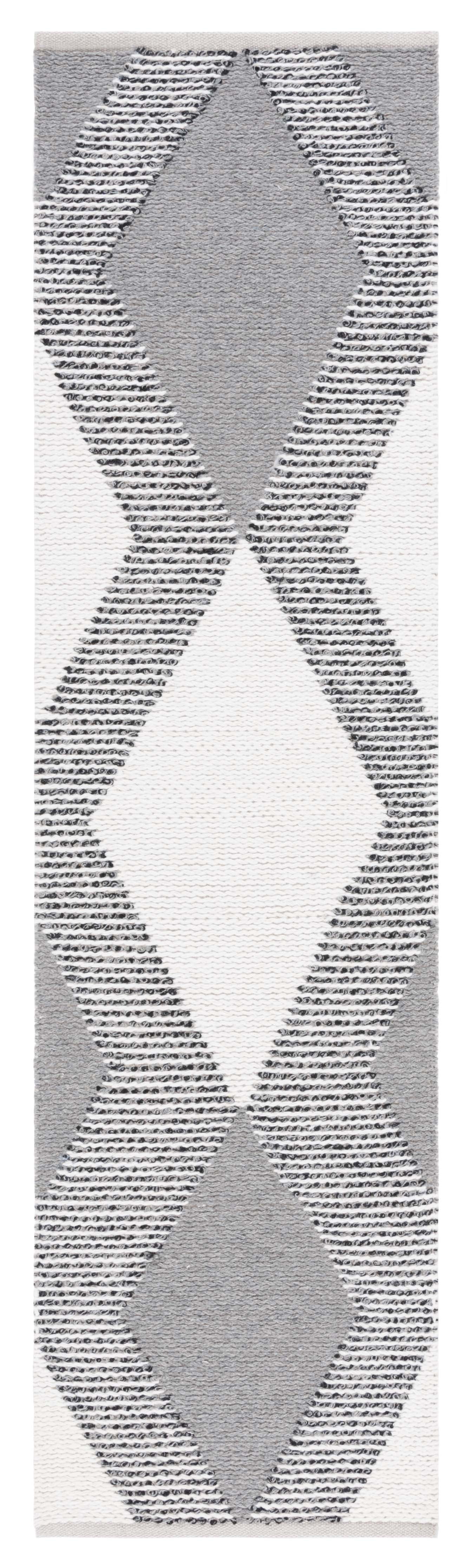 Ivory and Grey Diamond Pattern Wool Runner Rug
