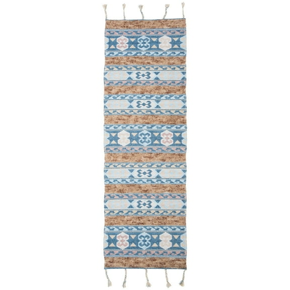 SAFAVIEH Saffron Collection 2'3" x 8' Blue / Taupe SFN107M Handmade Moroccan Boho Tassel Wool Runner Rug