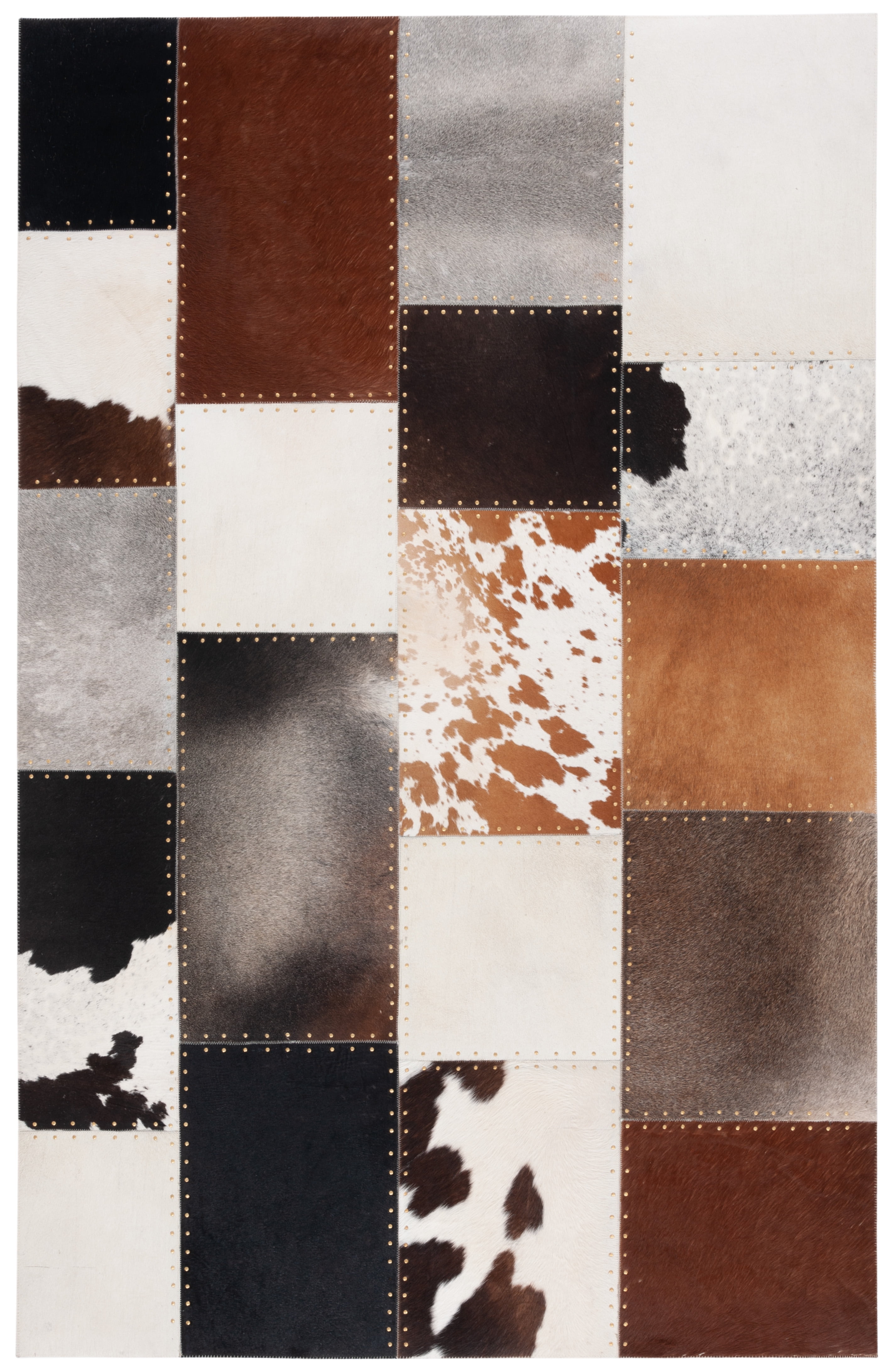 Handmade Ivory and Brown Geometric Cowhide Area Rug 5' x 8'