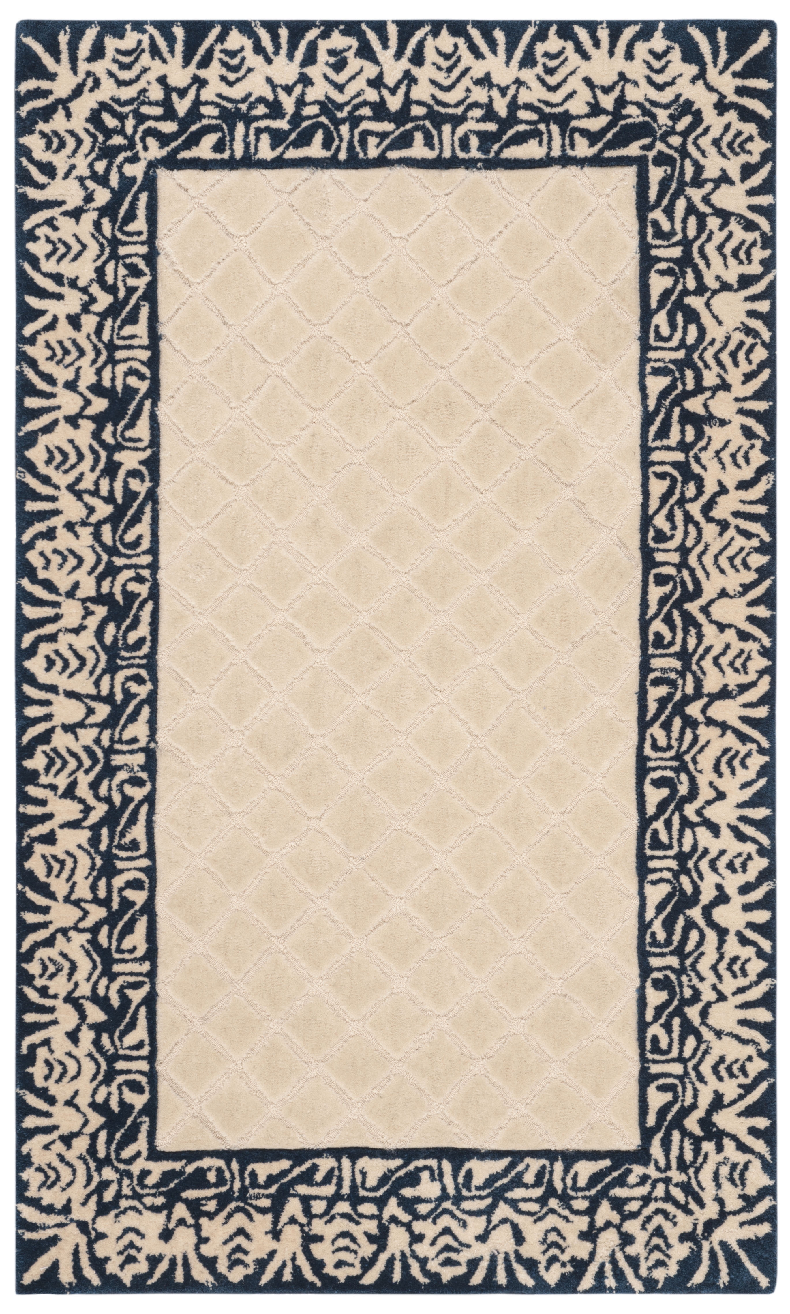 Navy and Beige Hand-Hooked Wool Area Rug 4' x 6'