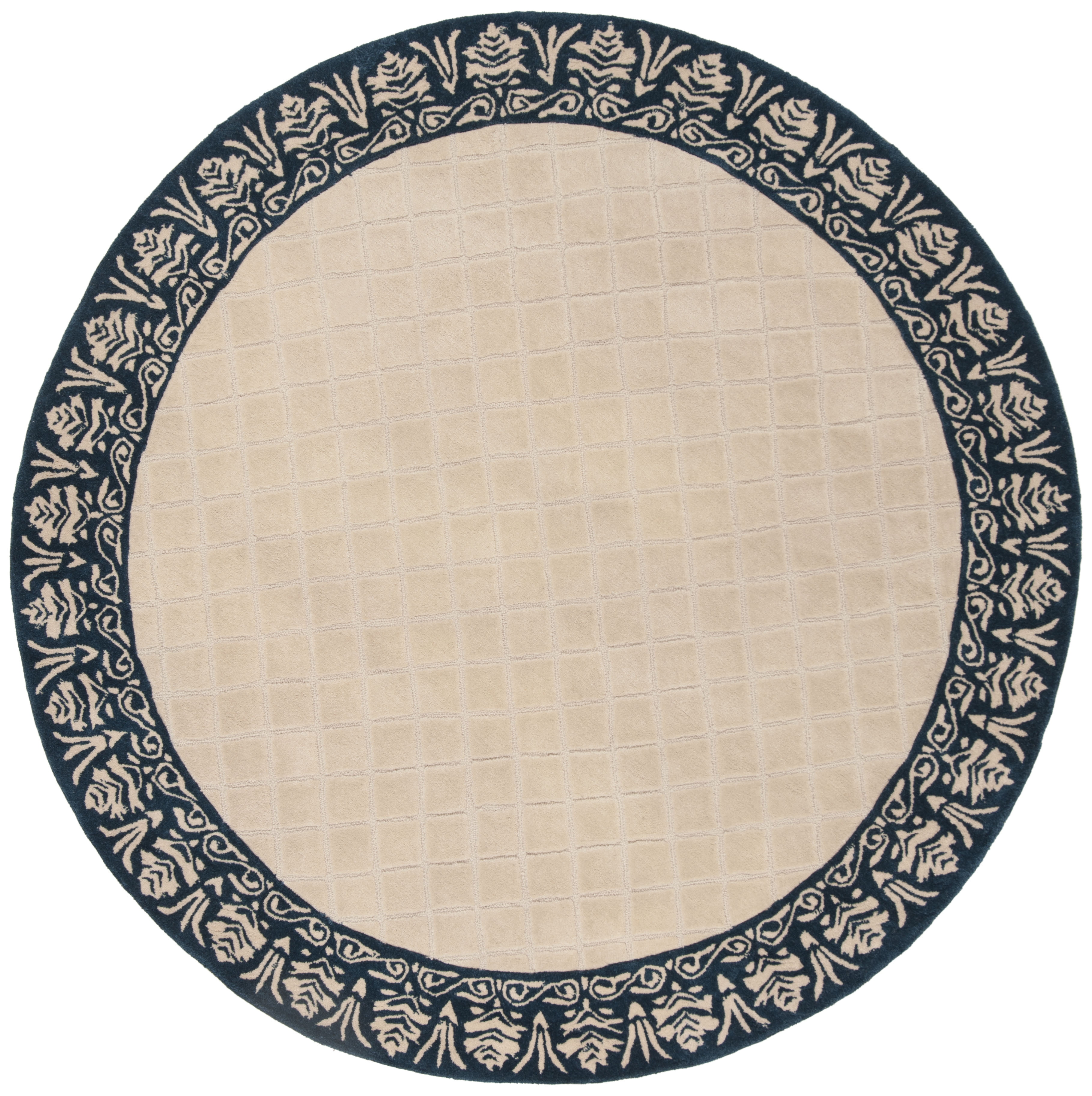 Ivory and Navy Hand-Hooked Round Oriental Rug