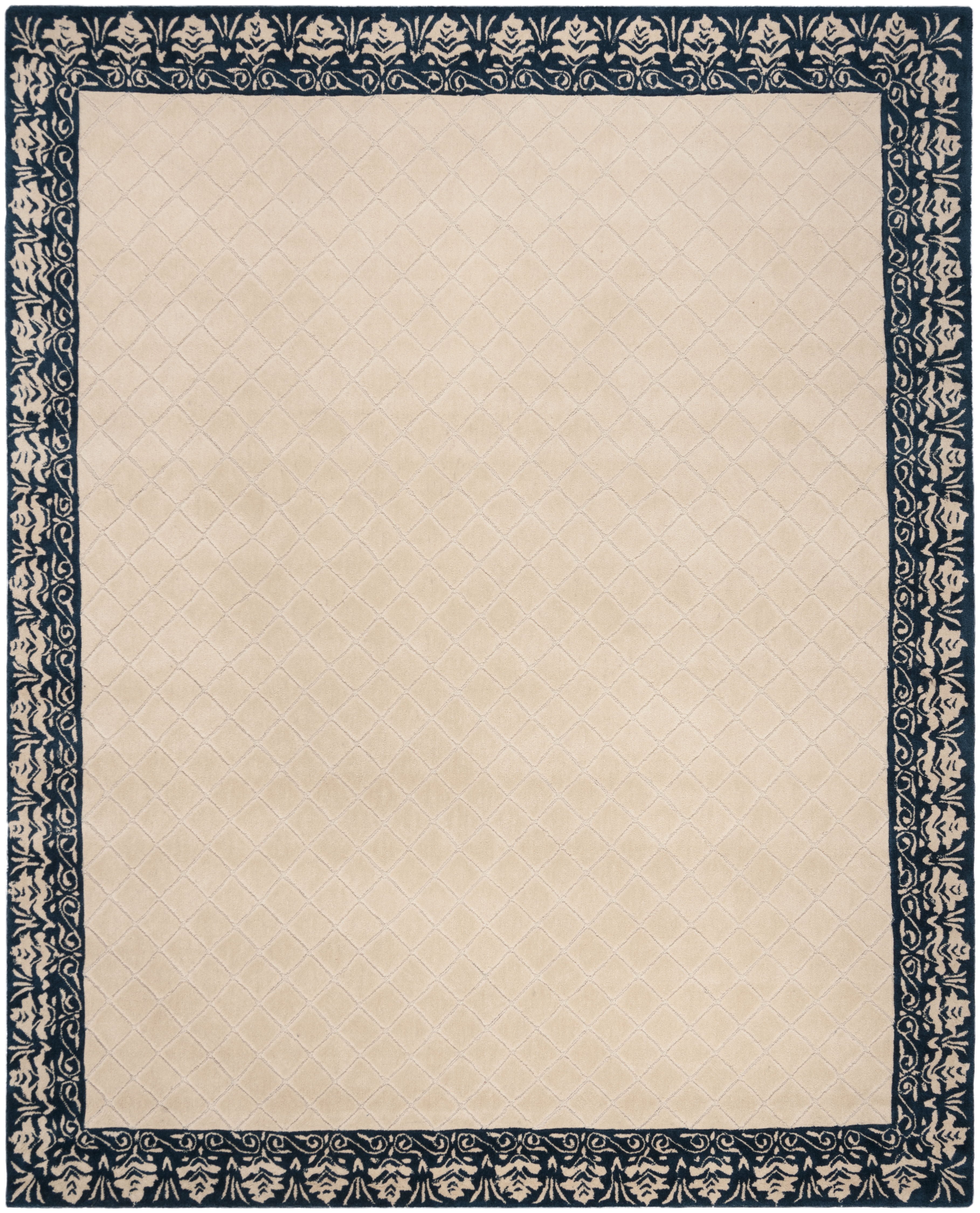 Navy and Beige Hand-Hooked Wool Area Rug
