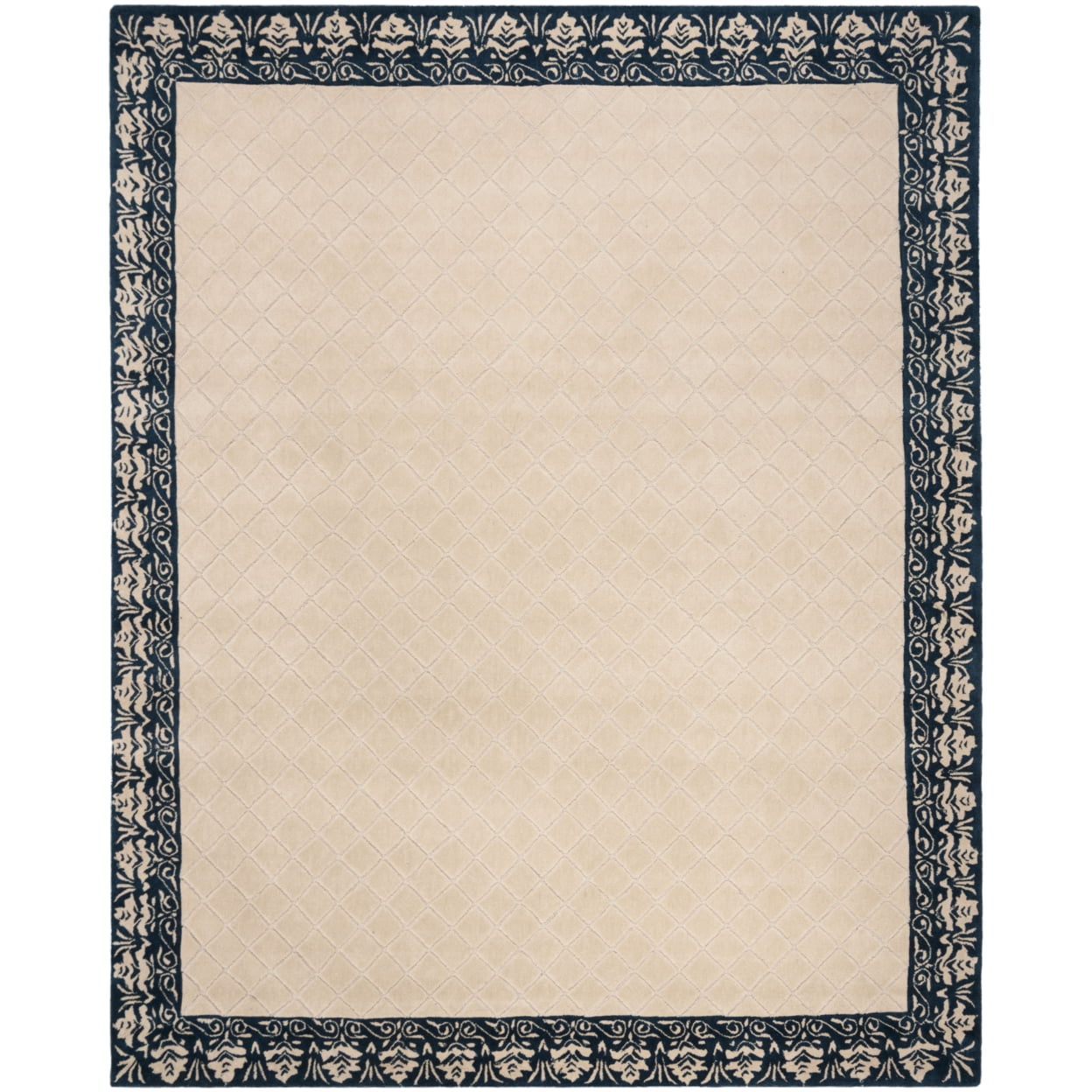 Navy and Beige Hand-Hooked Wool Area Rug